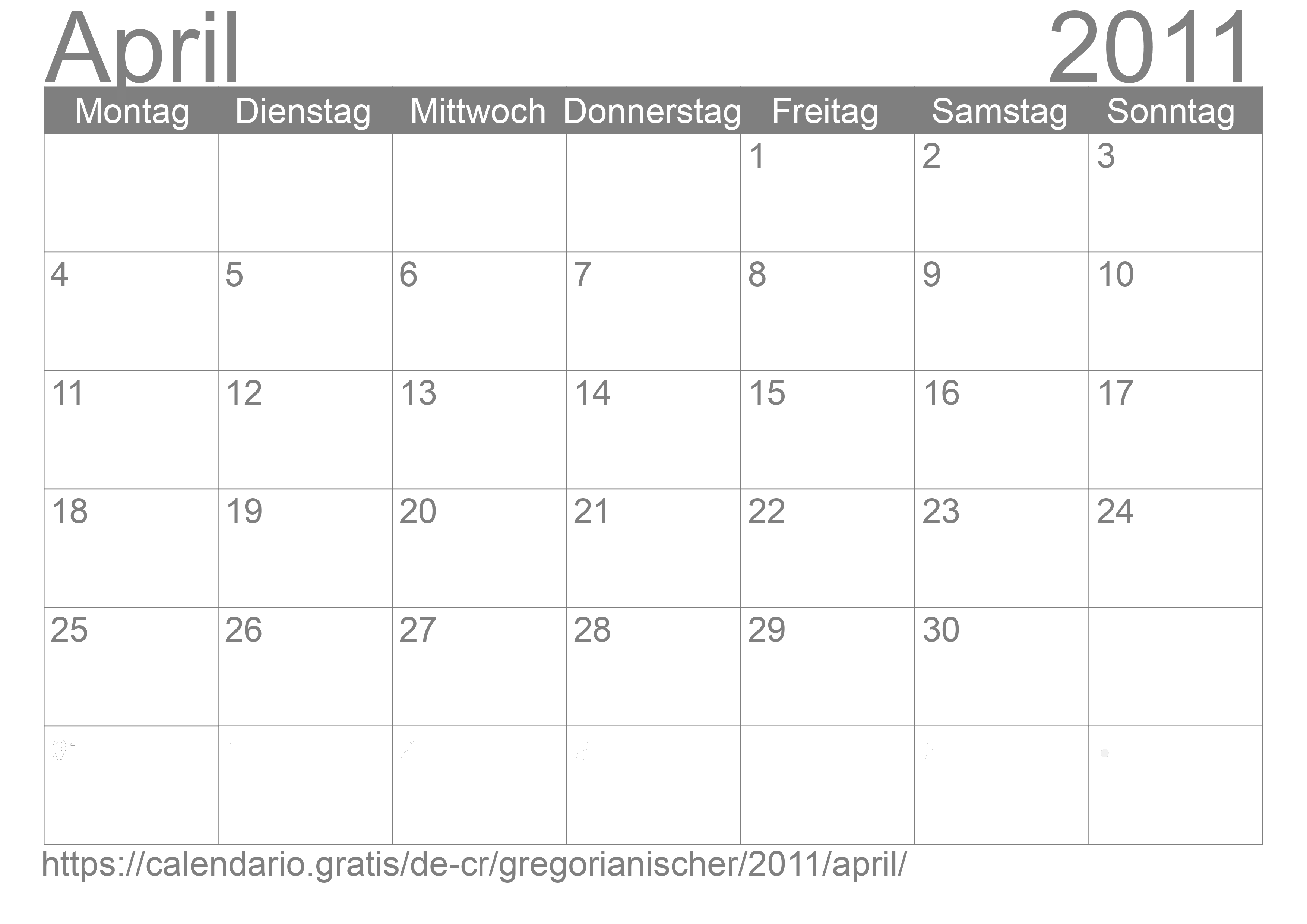Kalender April 2011 zum Ausdrucken
