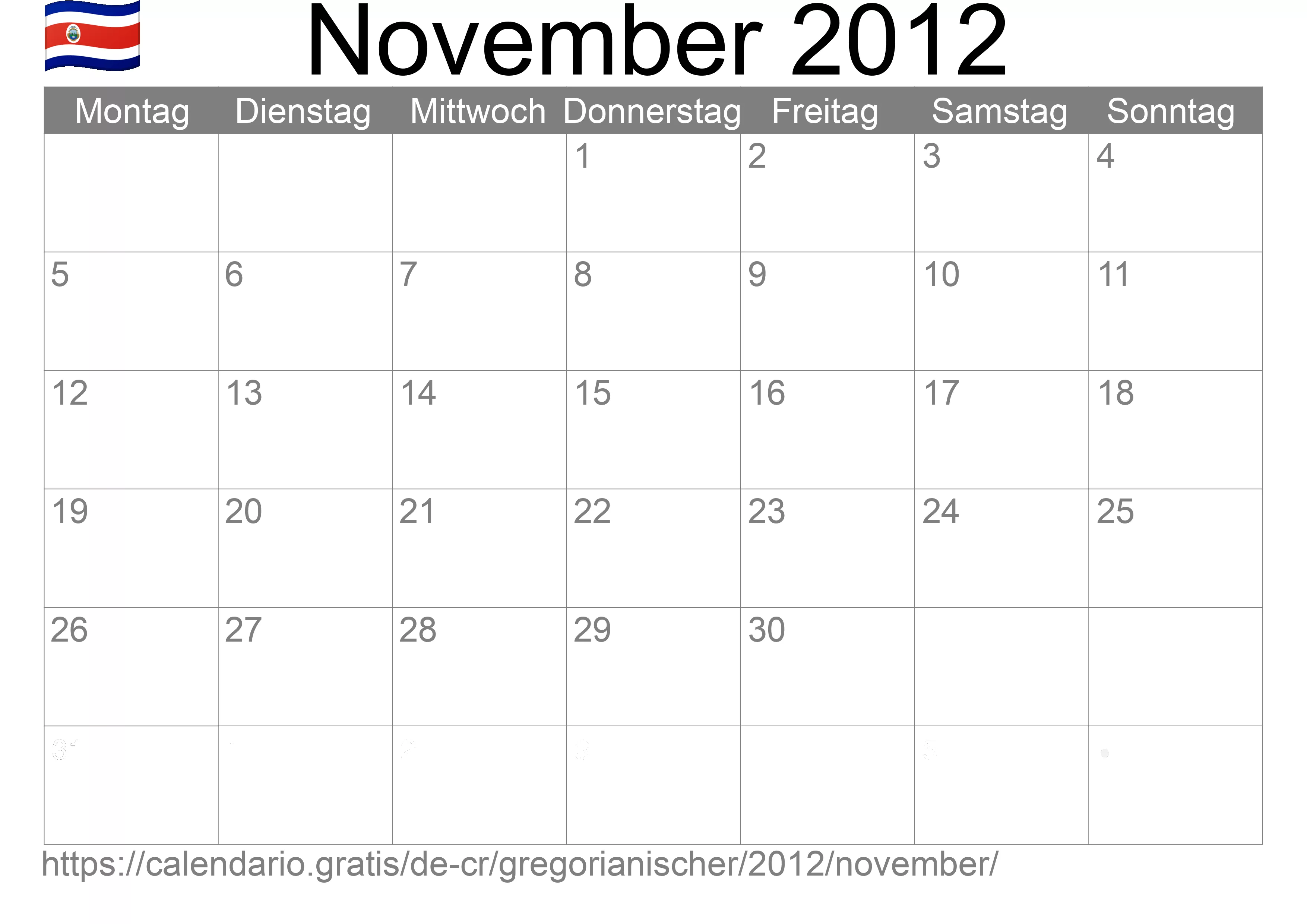 Kalender November 2012 zum Ausdrucken (Costa Rica)