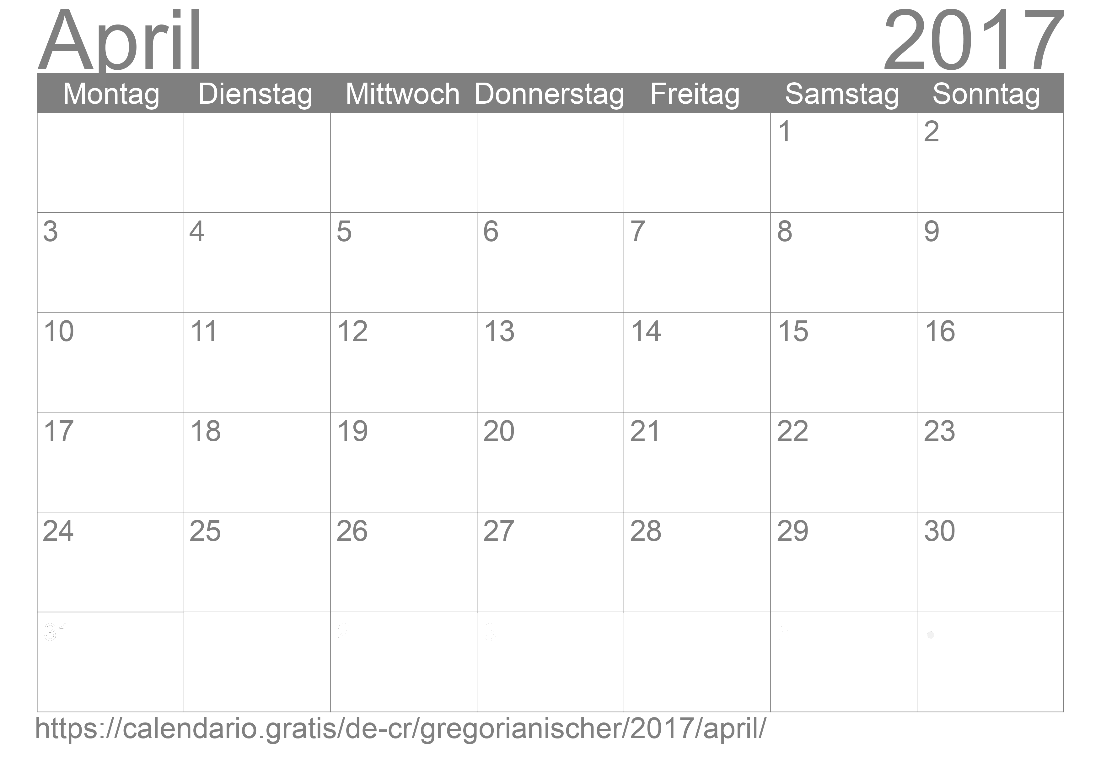 Kalender April 2017 zum Ausdrucken