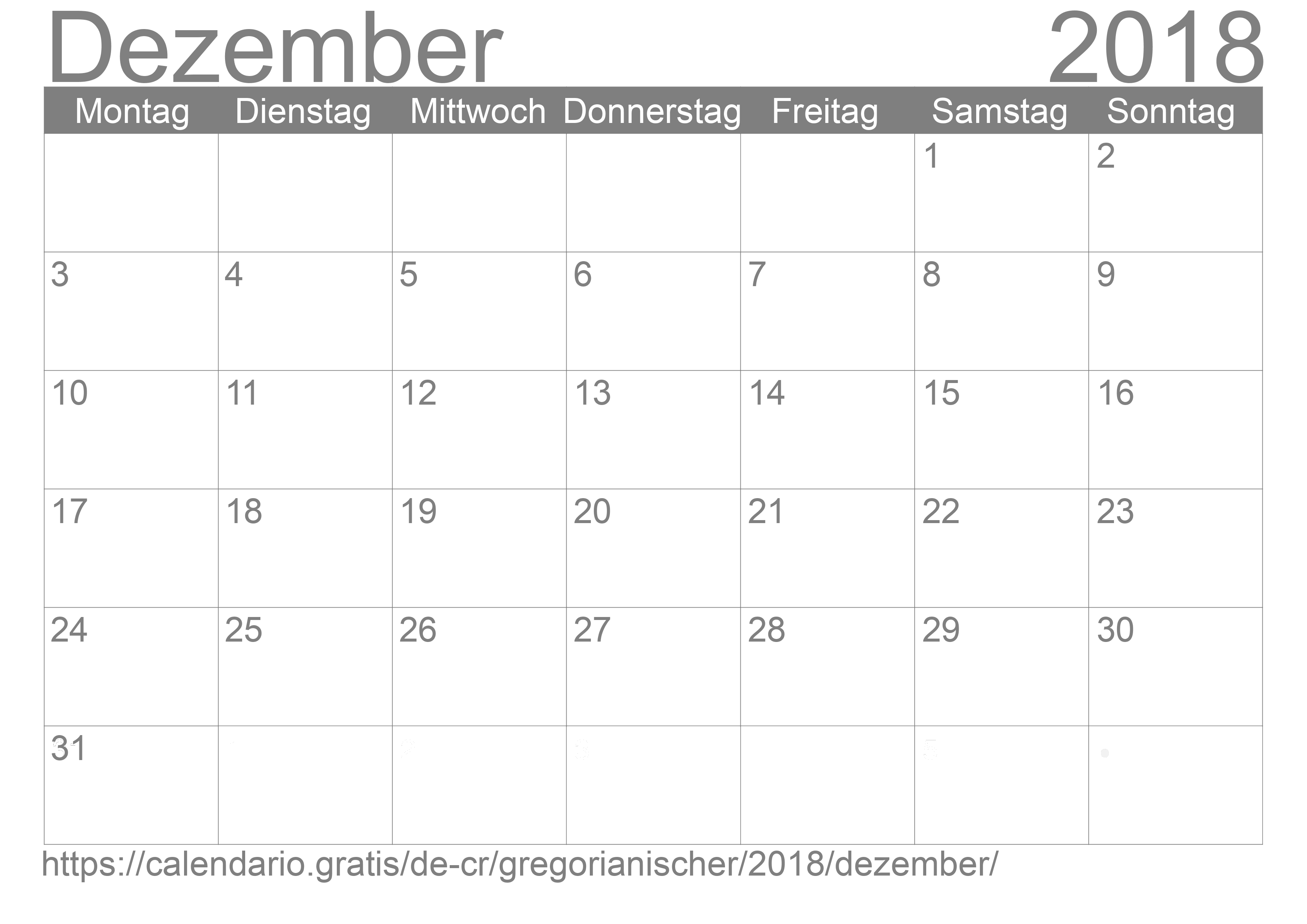 Kalender Dezember 2018 zum Ausdrucken