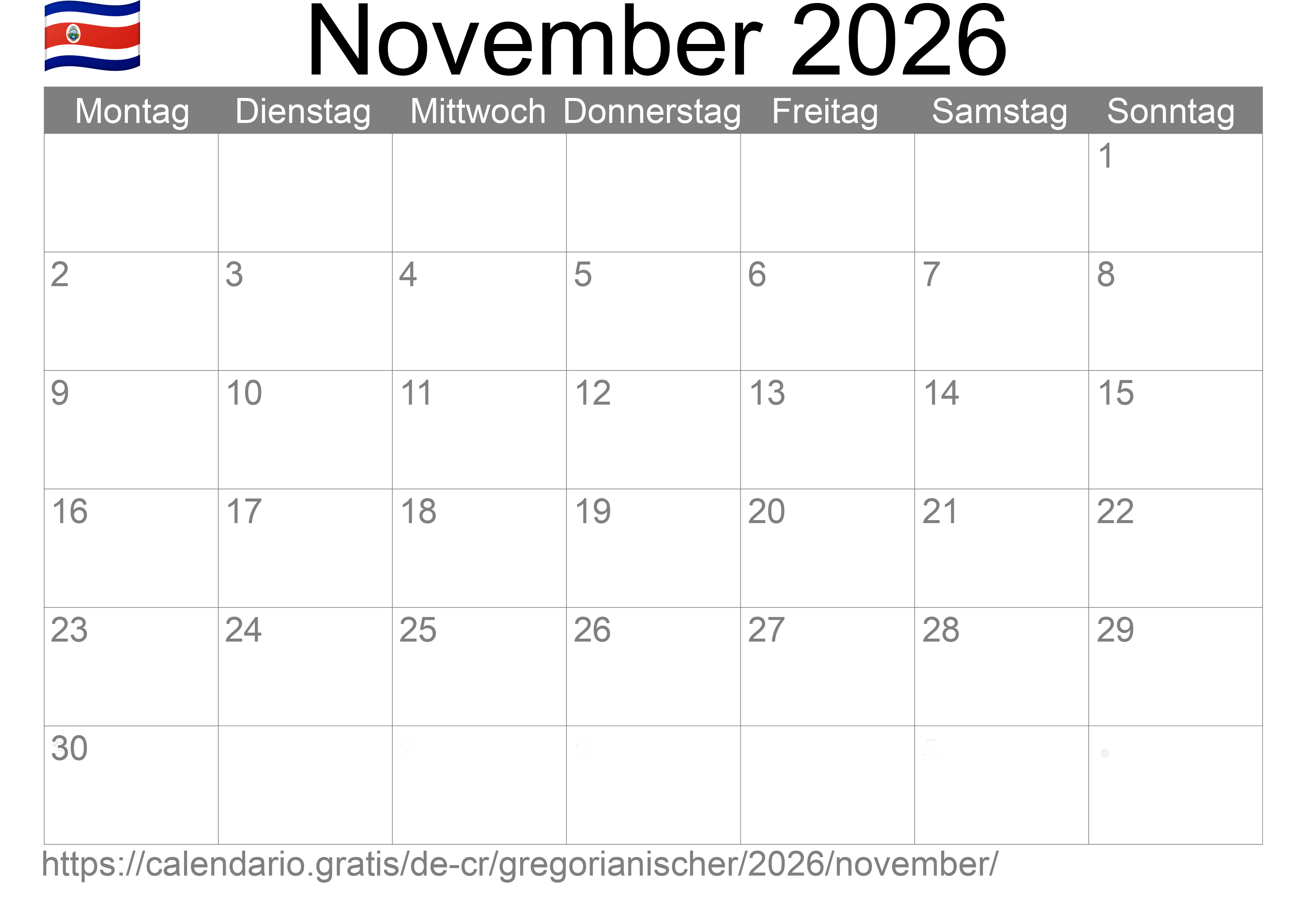 Kalender November 2026 zum Ausdrucken