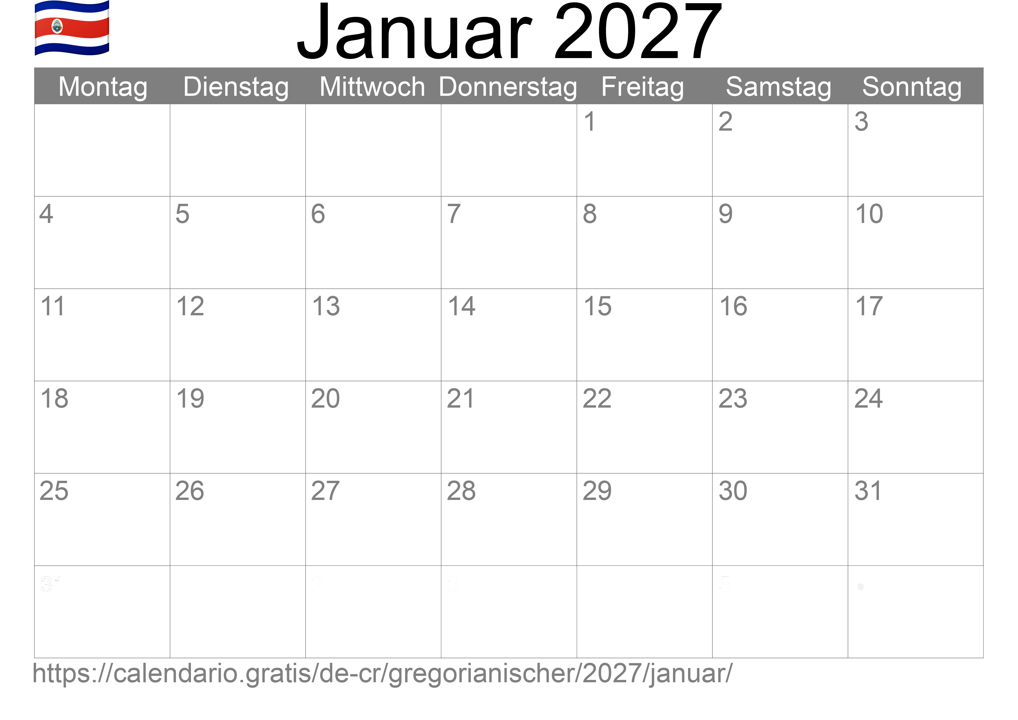 Kalender Januar 2027 zum Ausdrucken