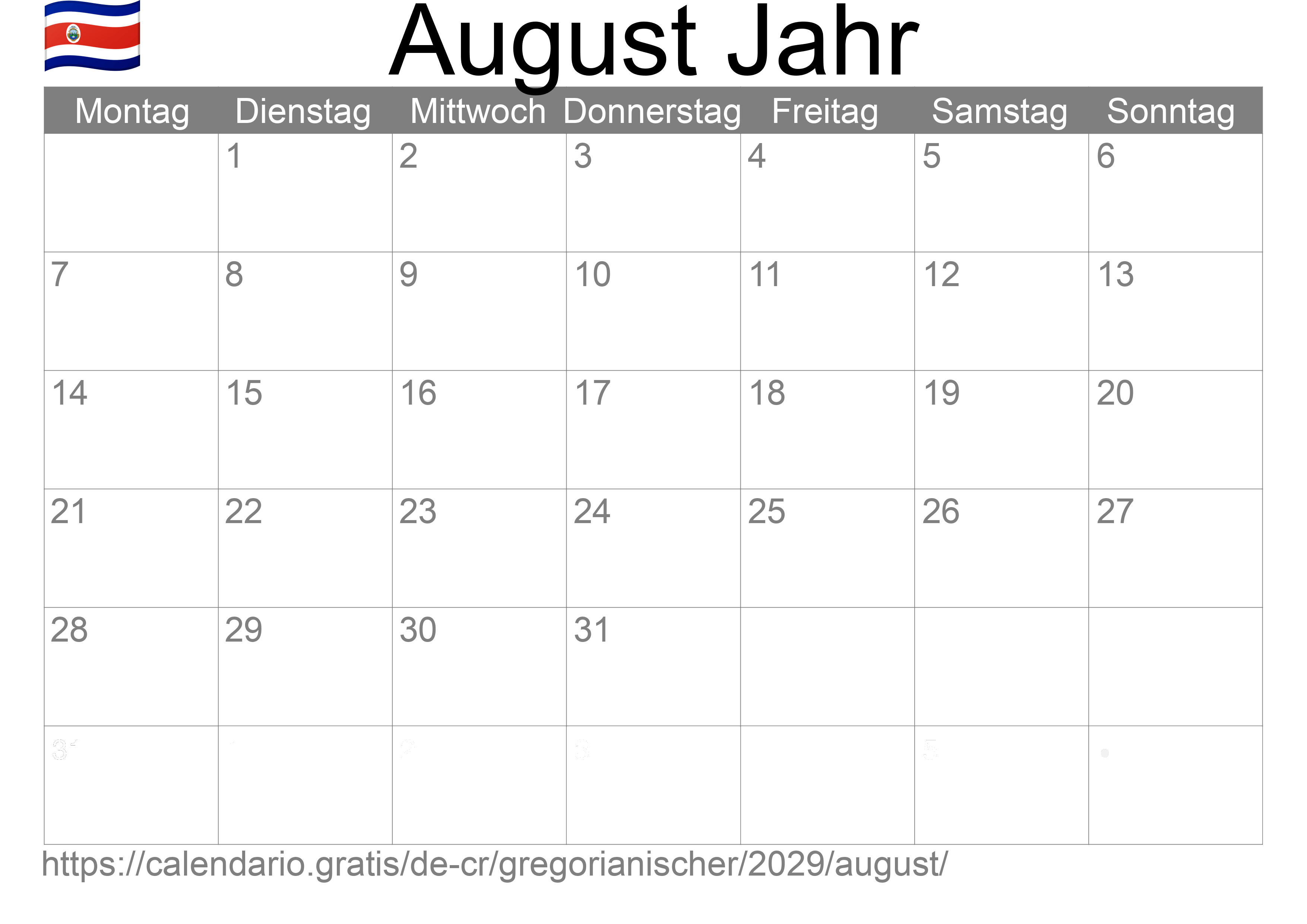 Kalender August 2029 zum Ausdrucken