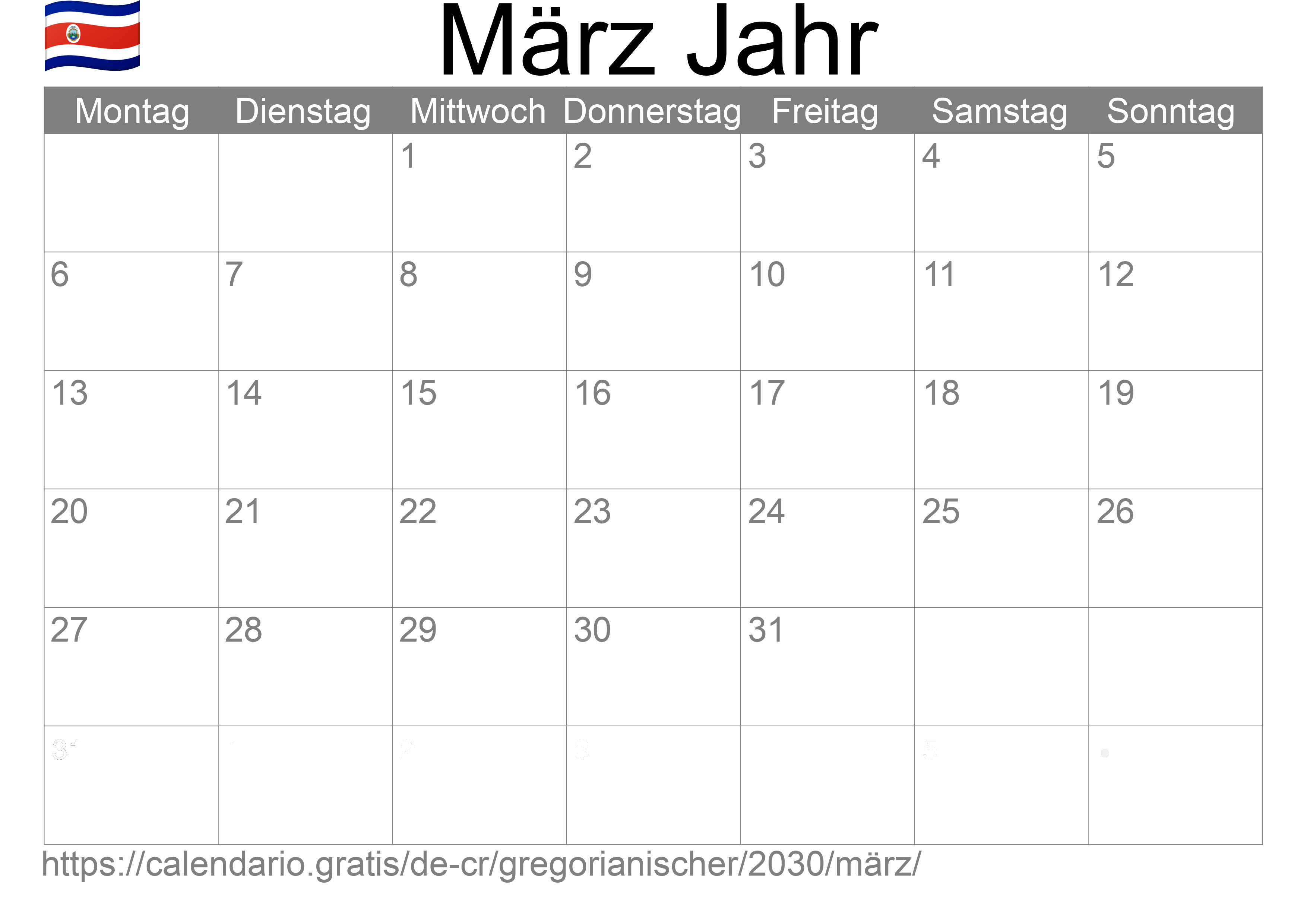 Kalender März 2030 zum Ausdrucken