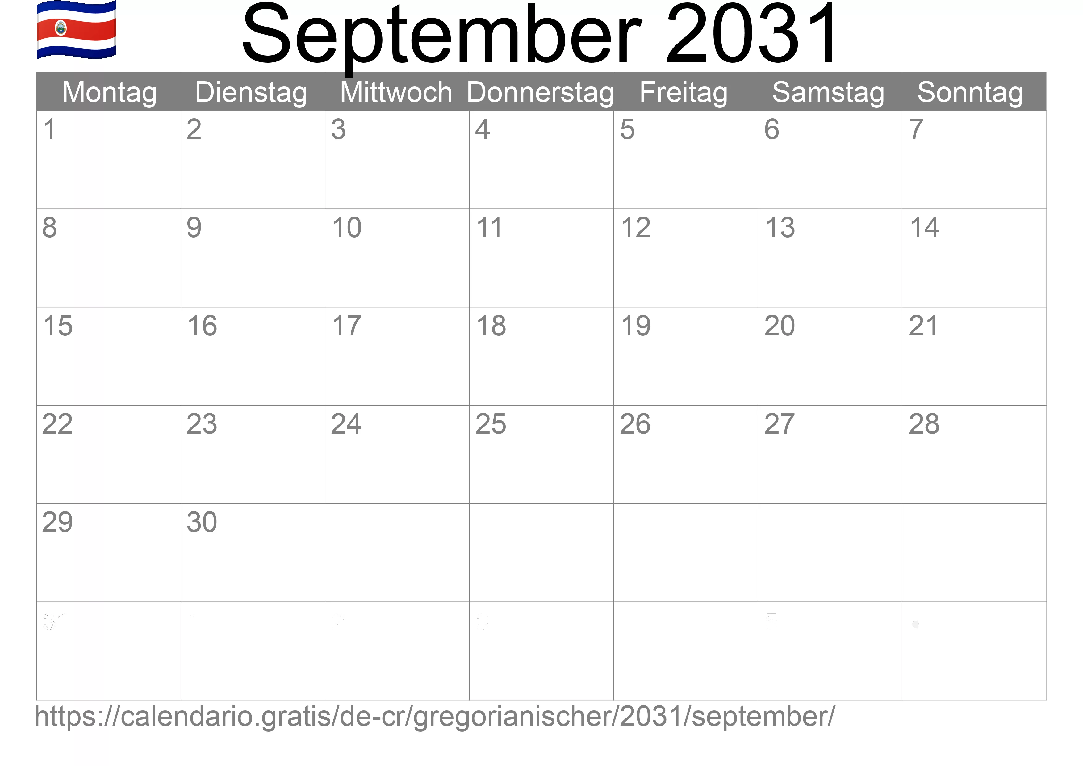 Kalender September 2031 zum Ausdrucken (Costa Rica)