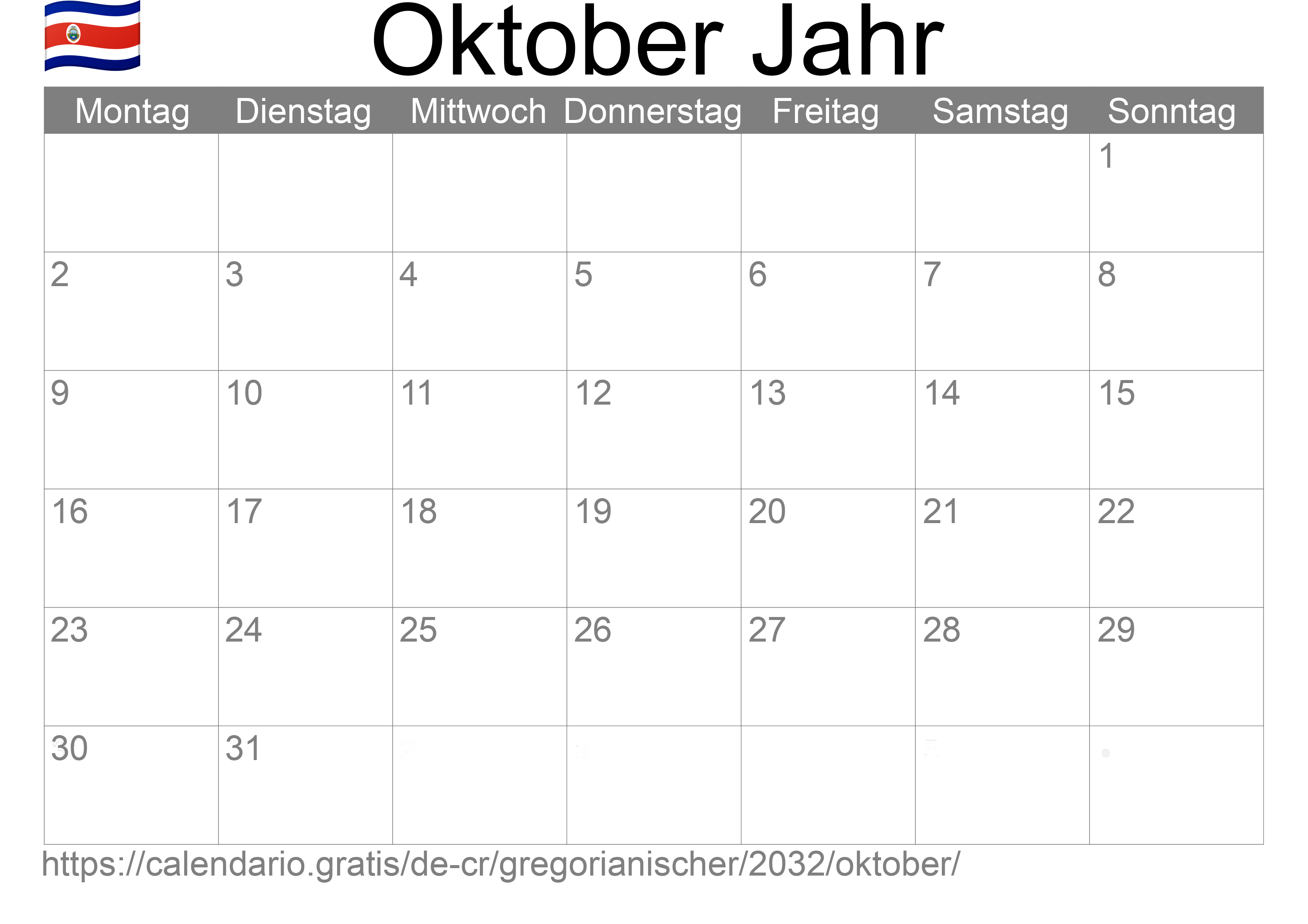 Kalender Oktober 2032 zum Ausdrucken