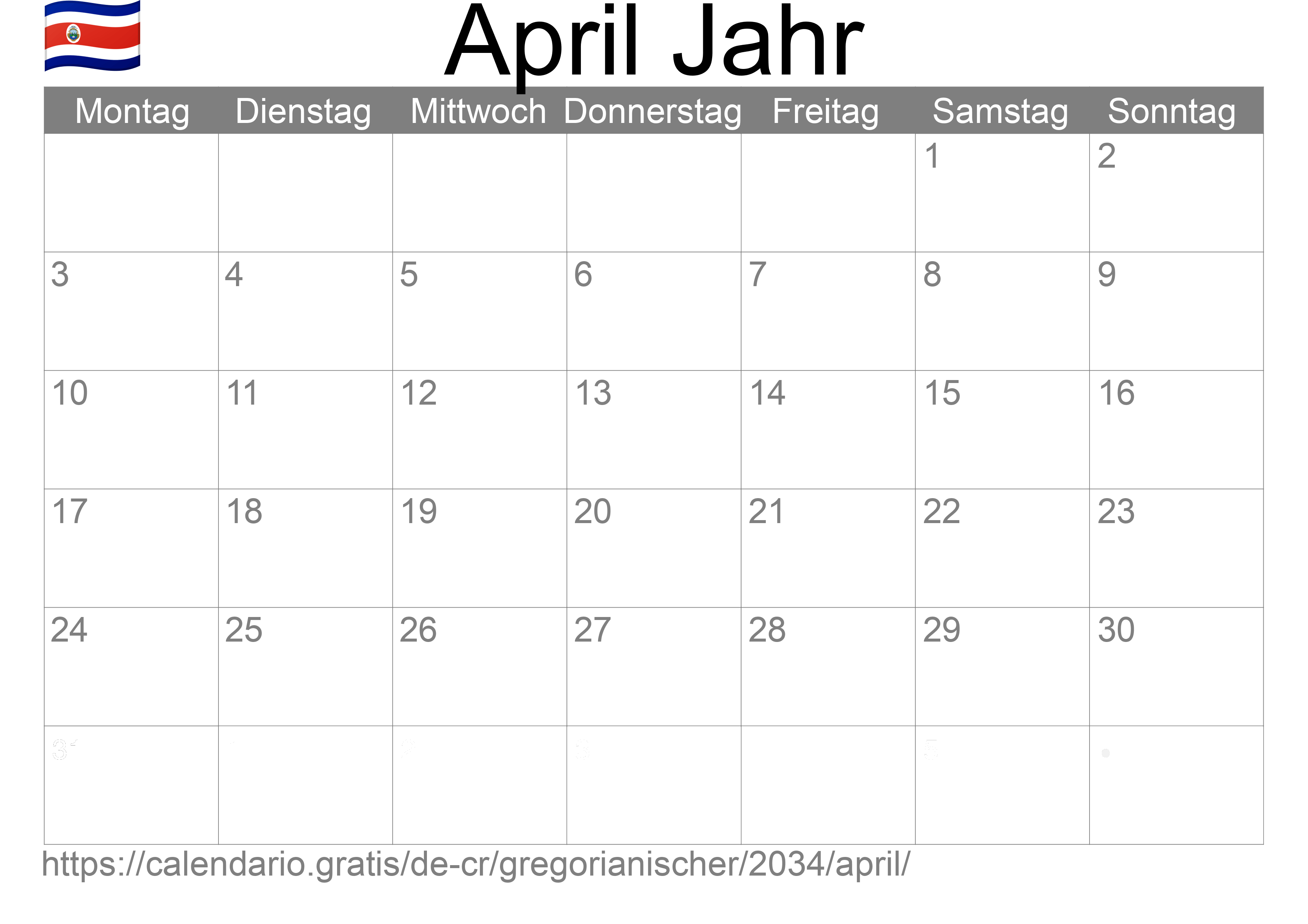 Kalender April 2034 zum Ausdrucken