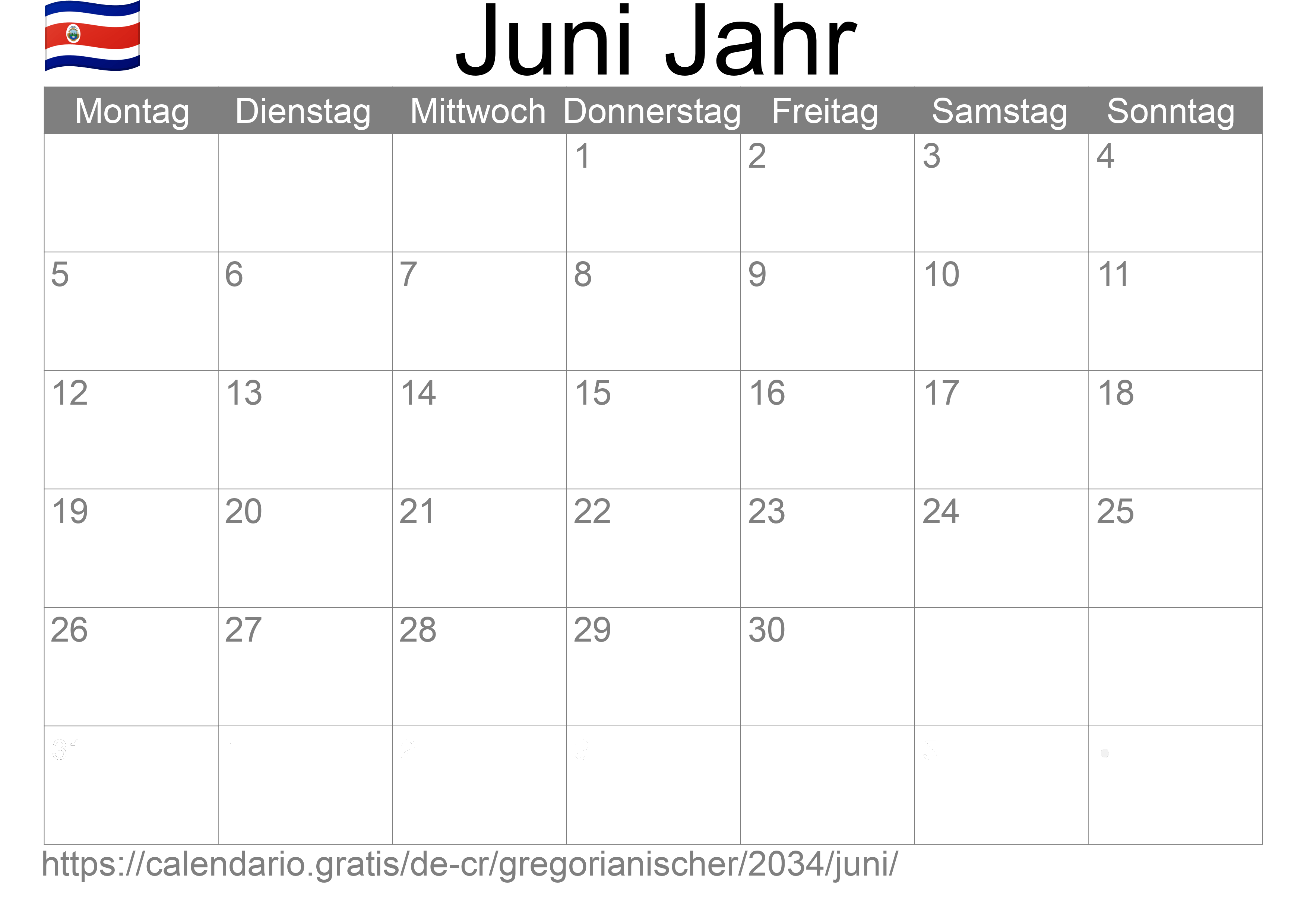 Kalender Juni 2034 zum Ausdrucken