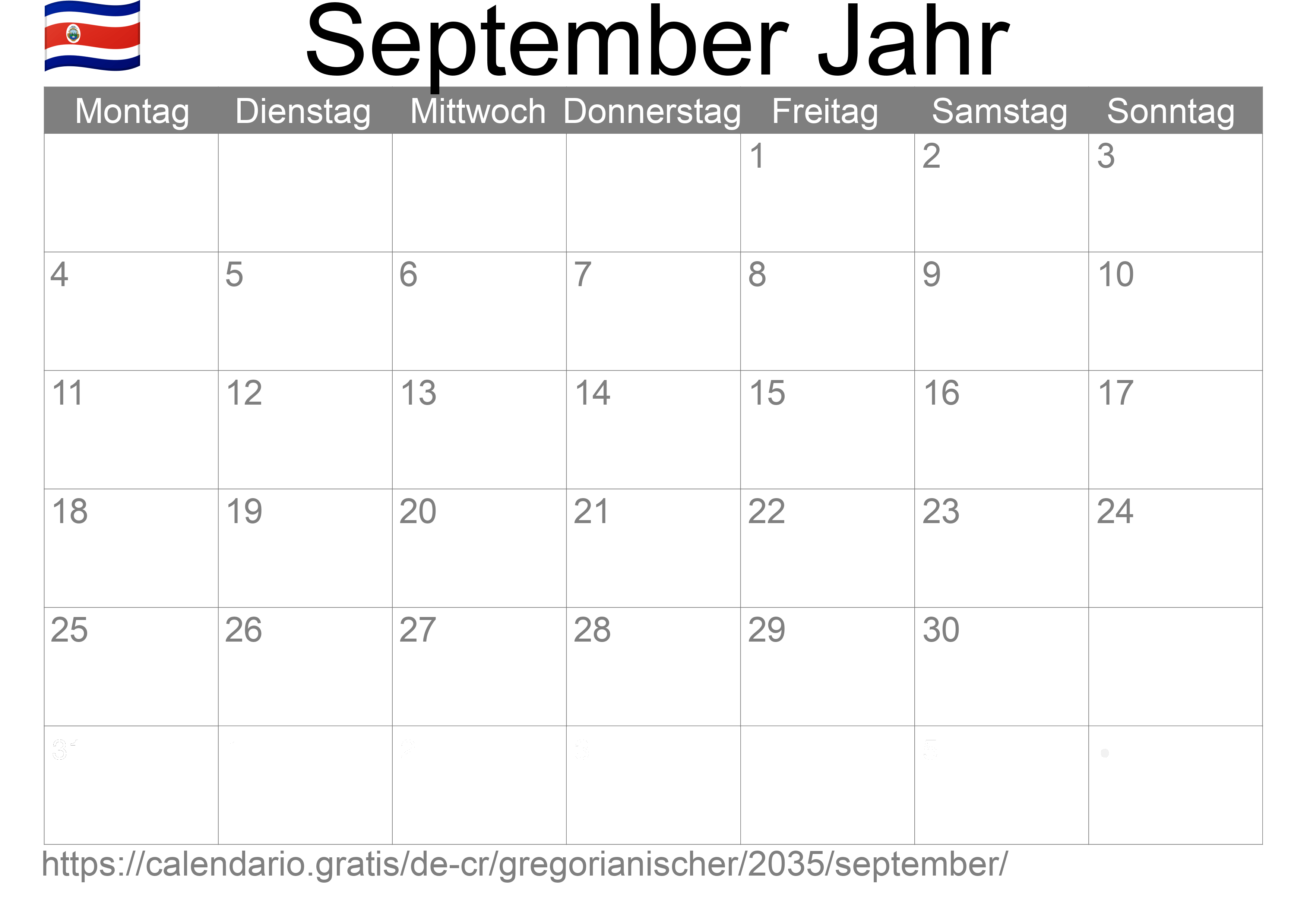 Kalender September 2035 zum Ausdrucken