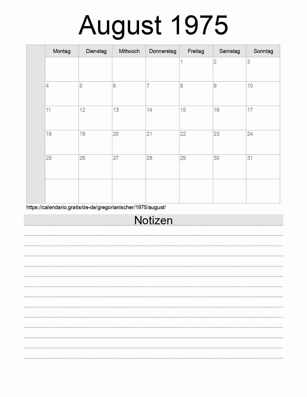 Kalender für August 1975 zum Drucken mit Notizen. (Deutschland)