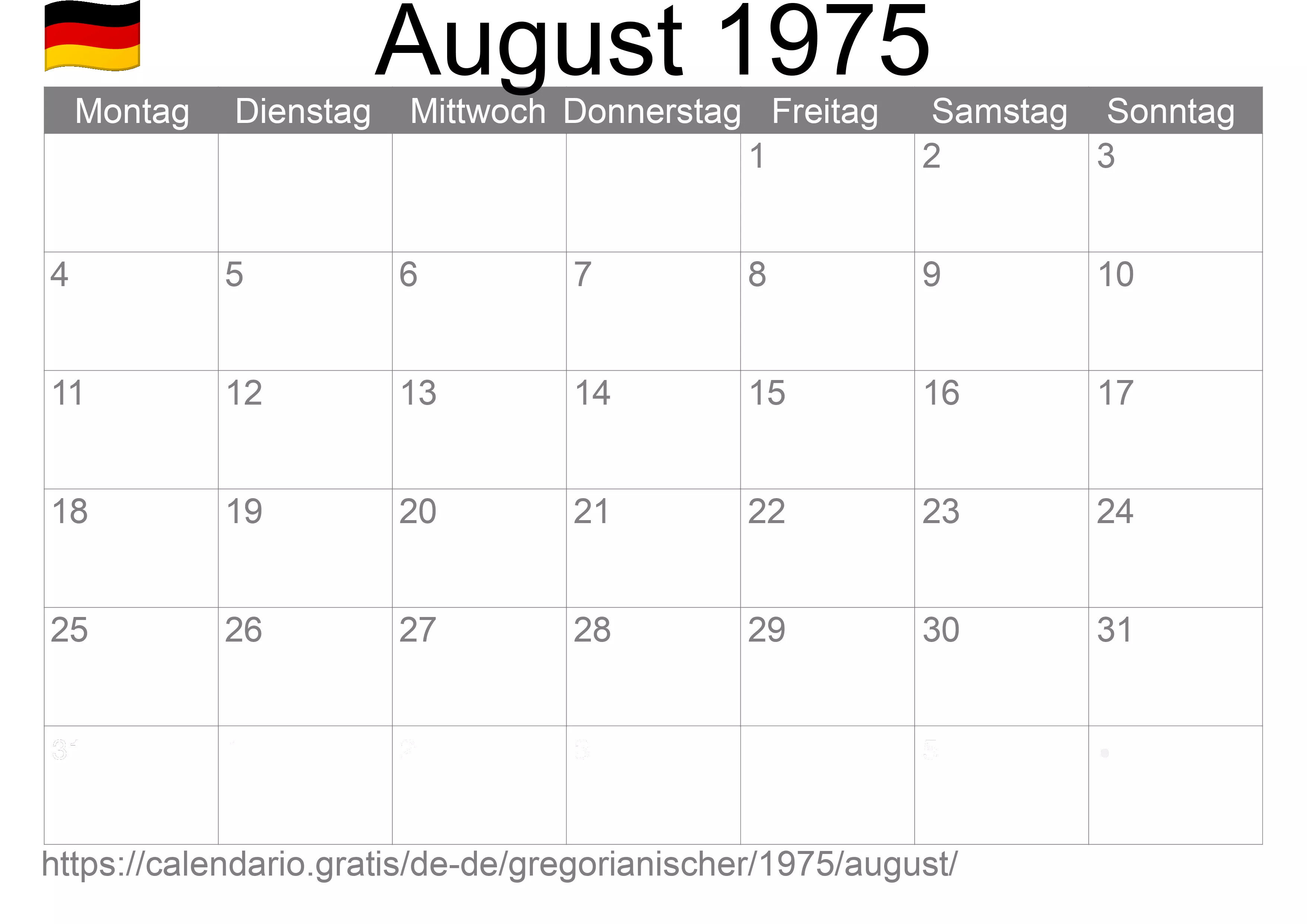 Kalender August 1975 zum Ausdrucken (Deutschland)