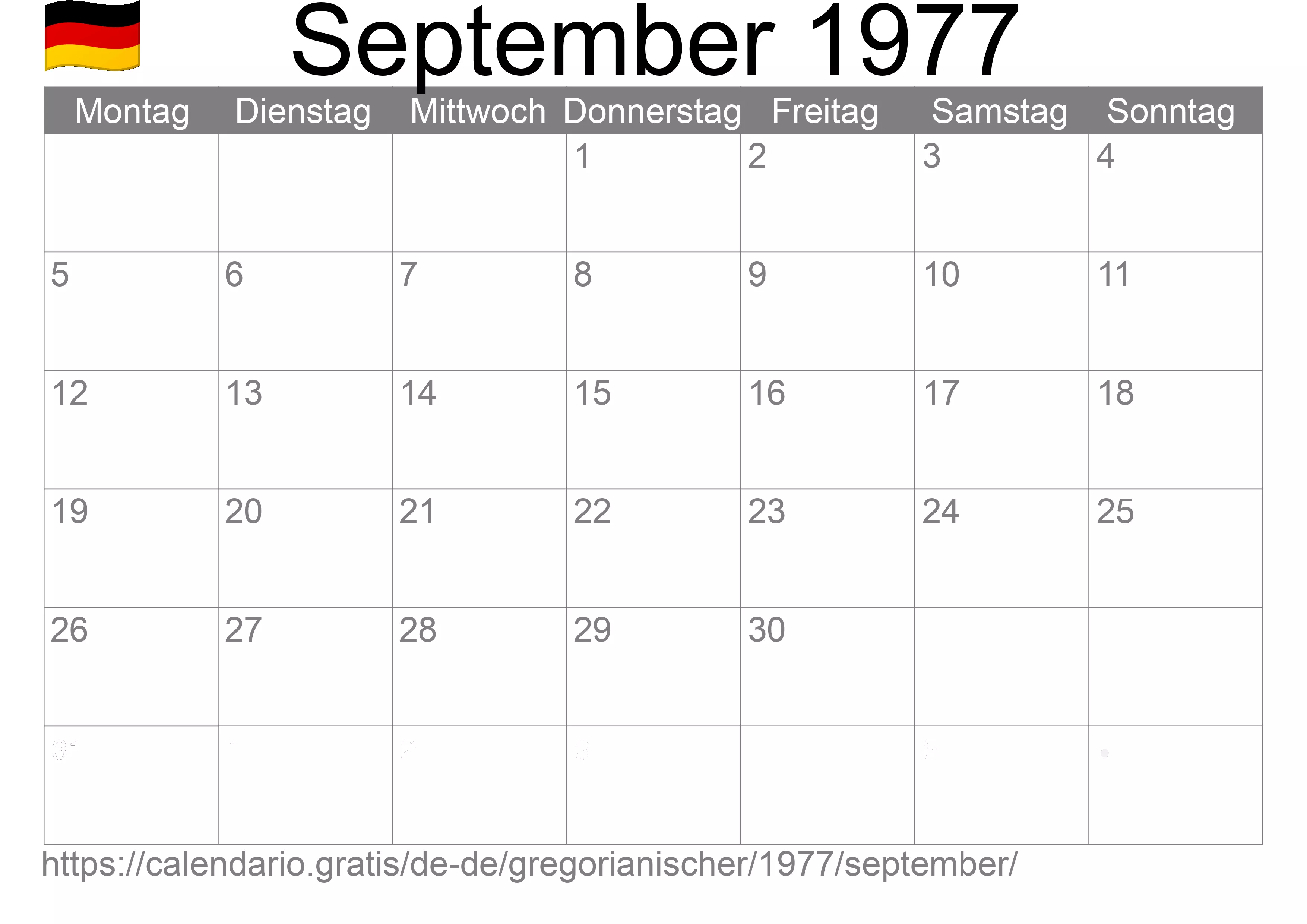 Kalender September 1977 zum Ausdrucken (Deutschland)