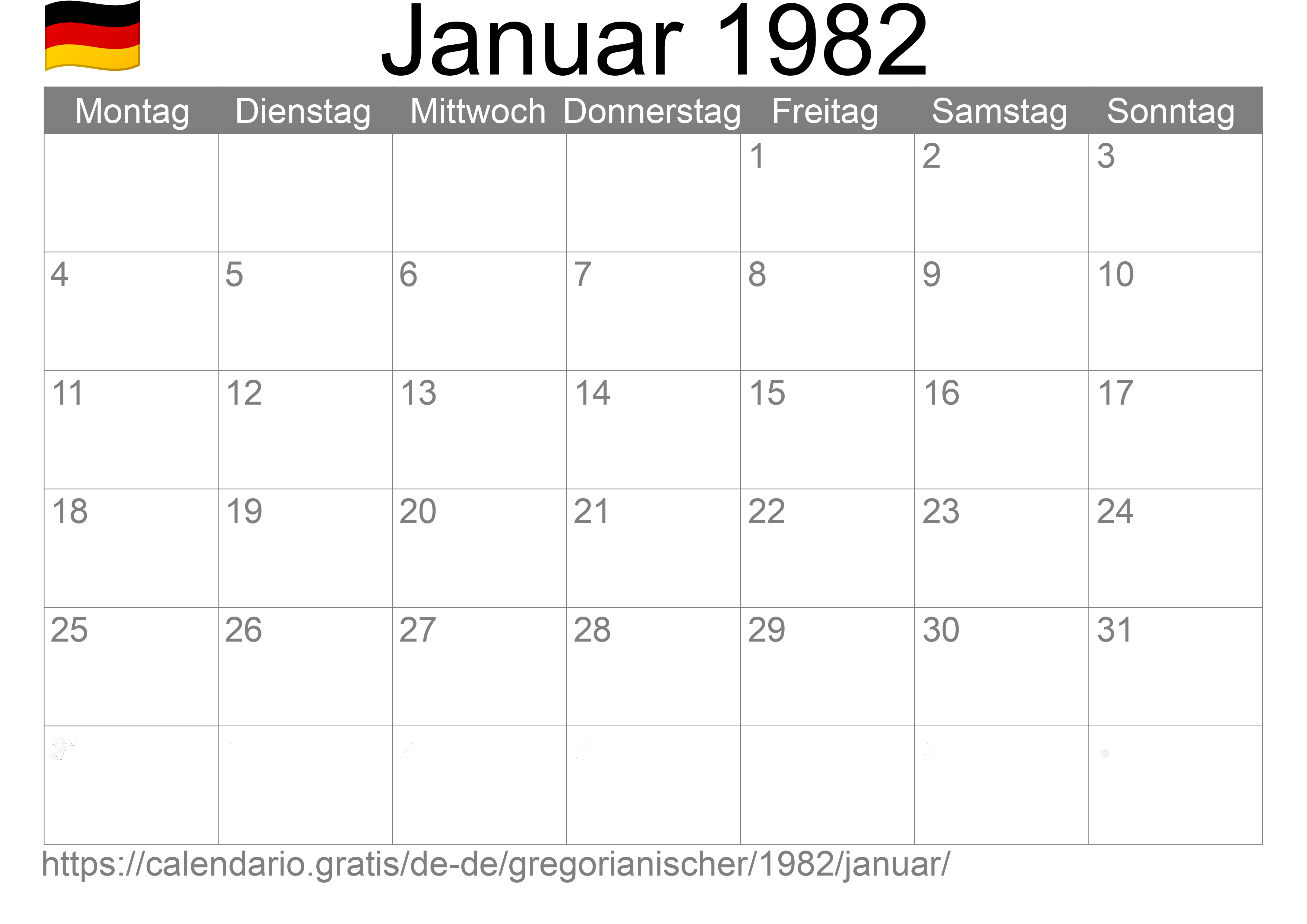 Kalender Januar 1982 zum Ausdrucken