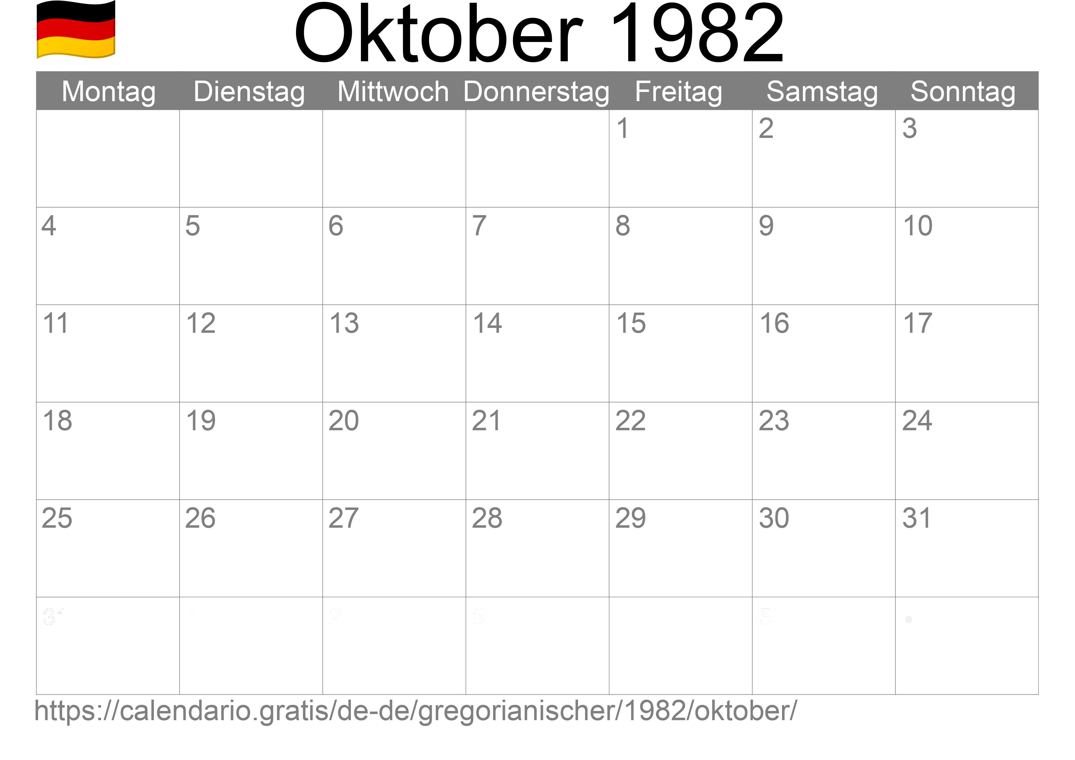 Kalender Oktober 1982 zum Ausdrucken