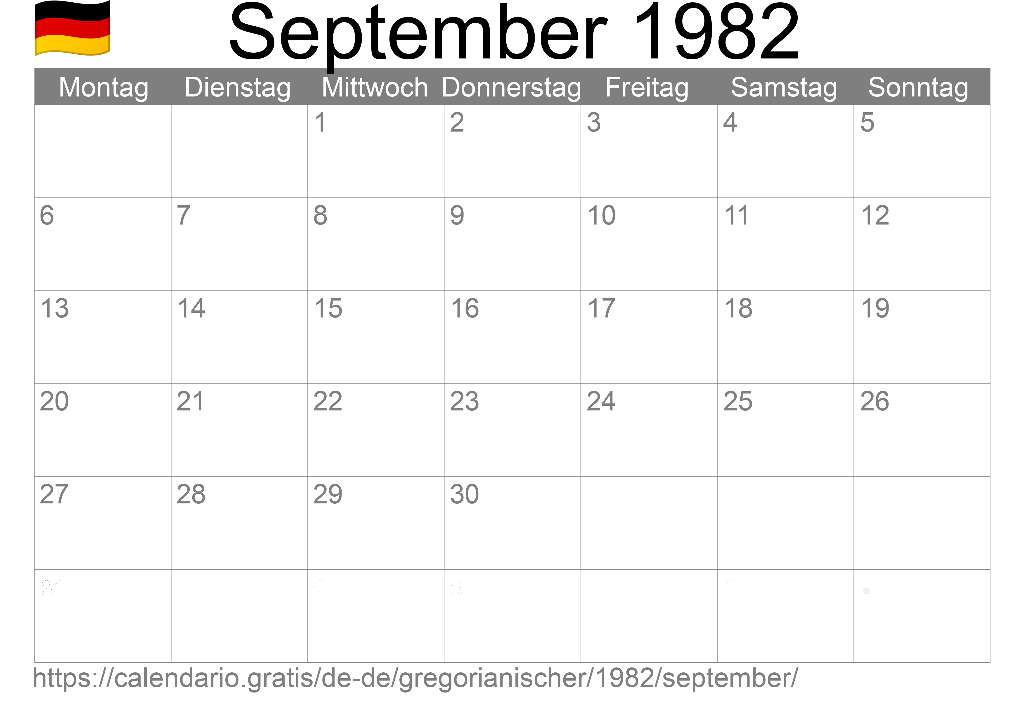 Kalender September 1982 zum Ausdrucken