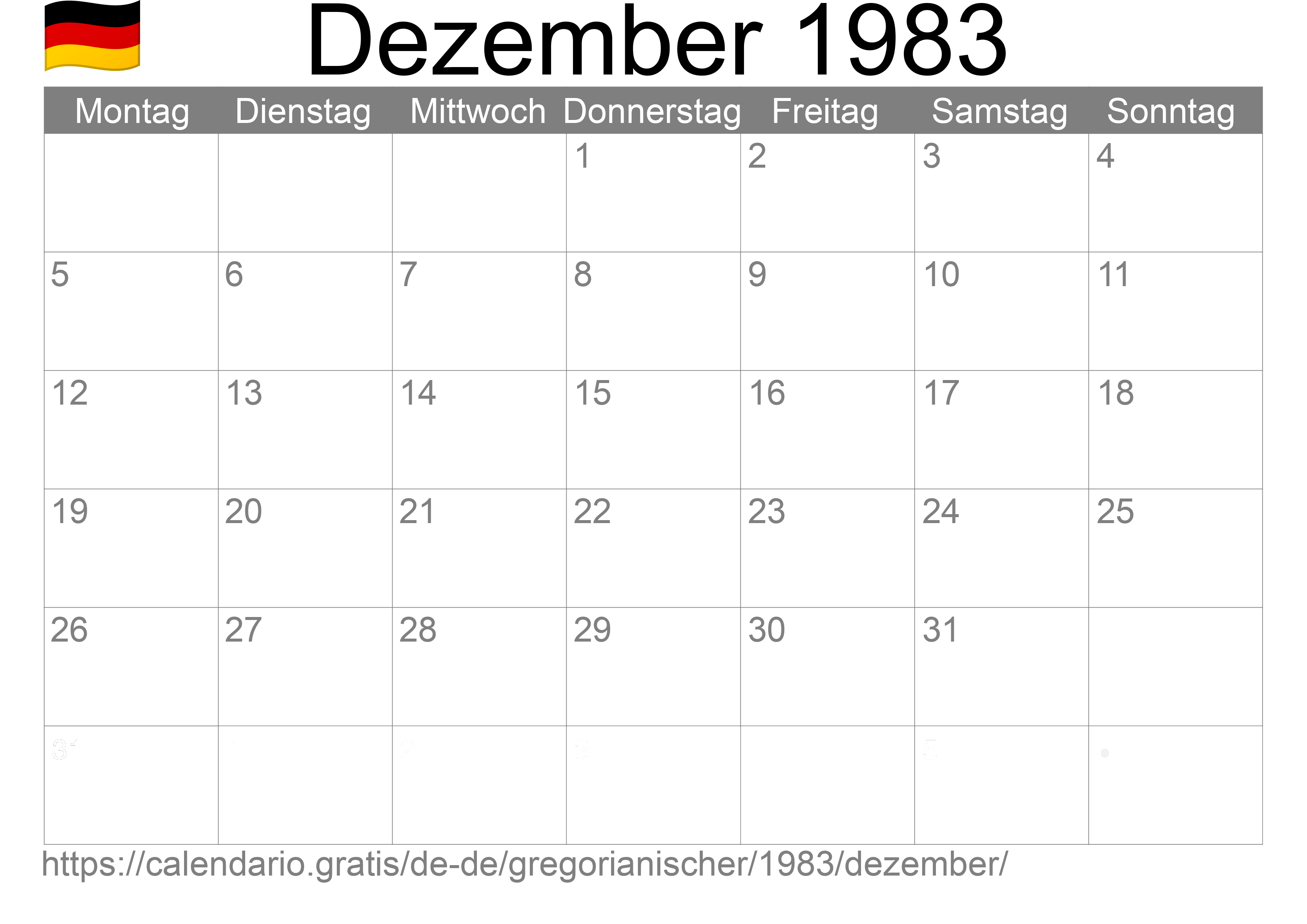 Kalender Dezember 1983 zum Ausdrucken