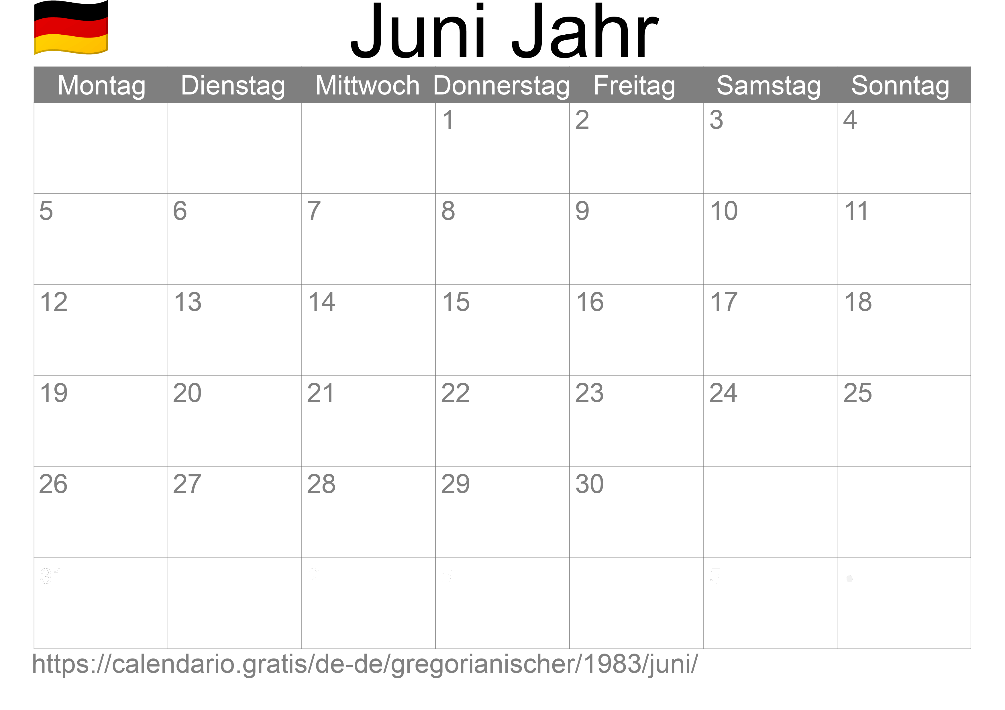 Kalender Juni 1983 zum Ausdrucken