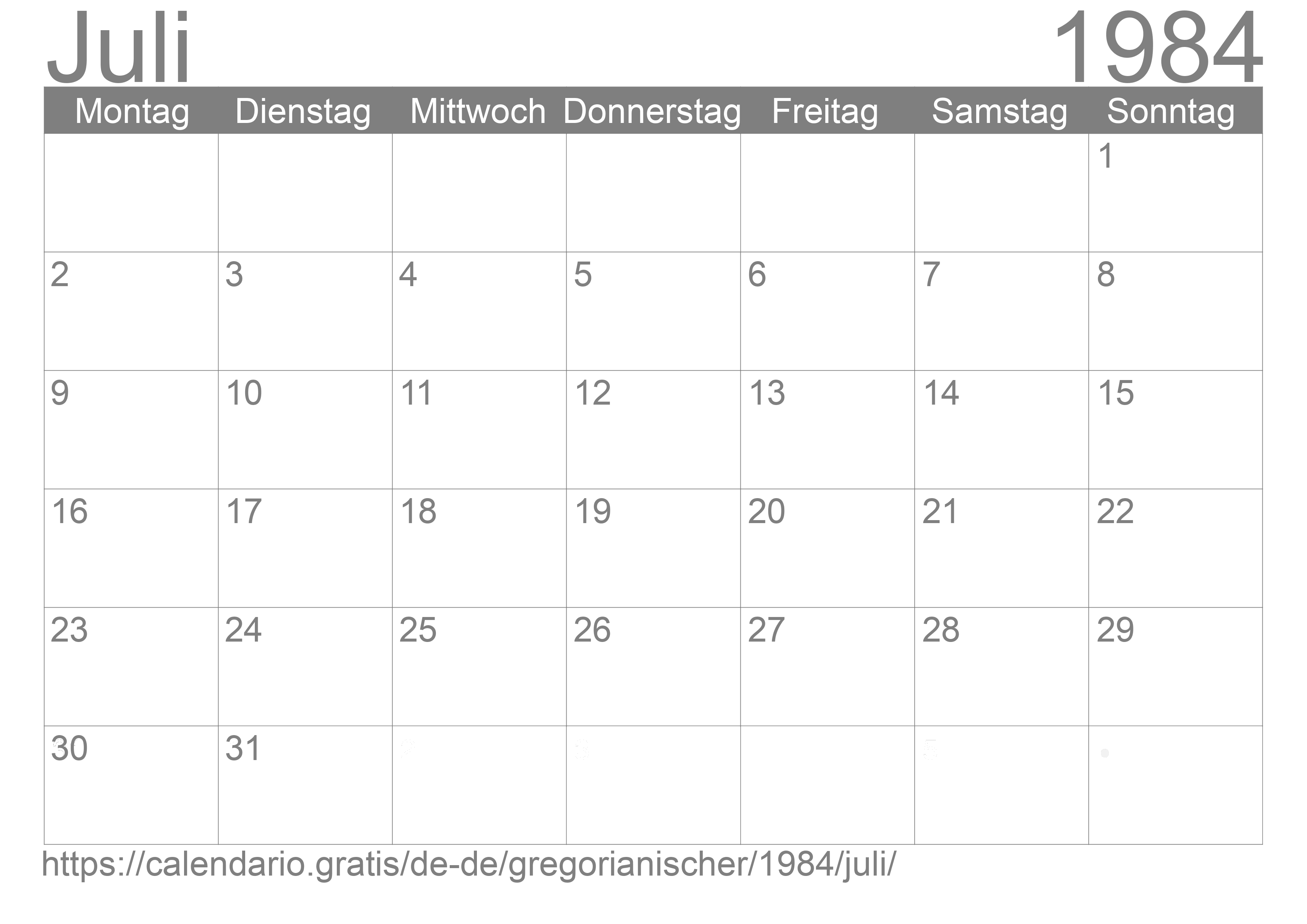 Kalender Juli 1984 zum Ausdrucken