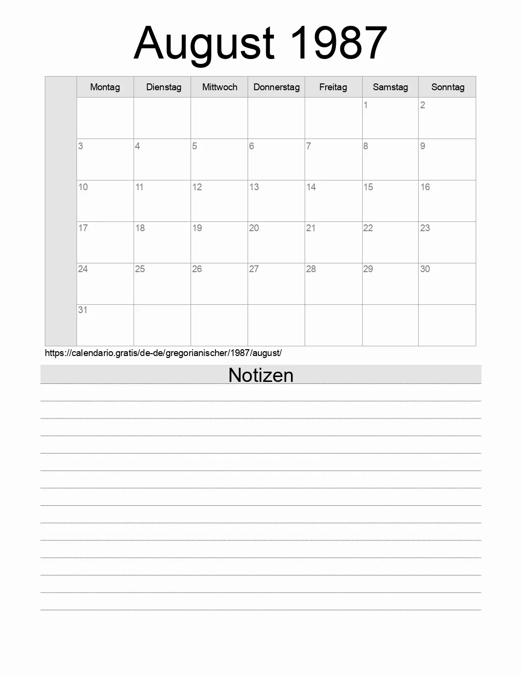 Kalender für August 1987 zum Drucken mit Notizen. (Deutschland)