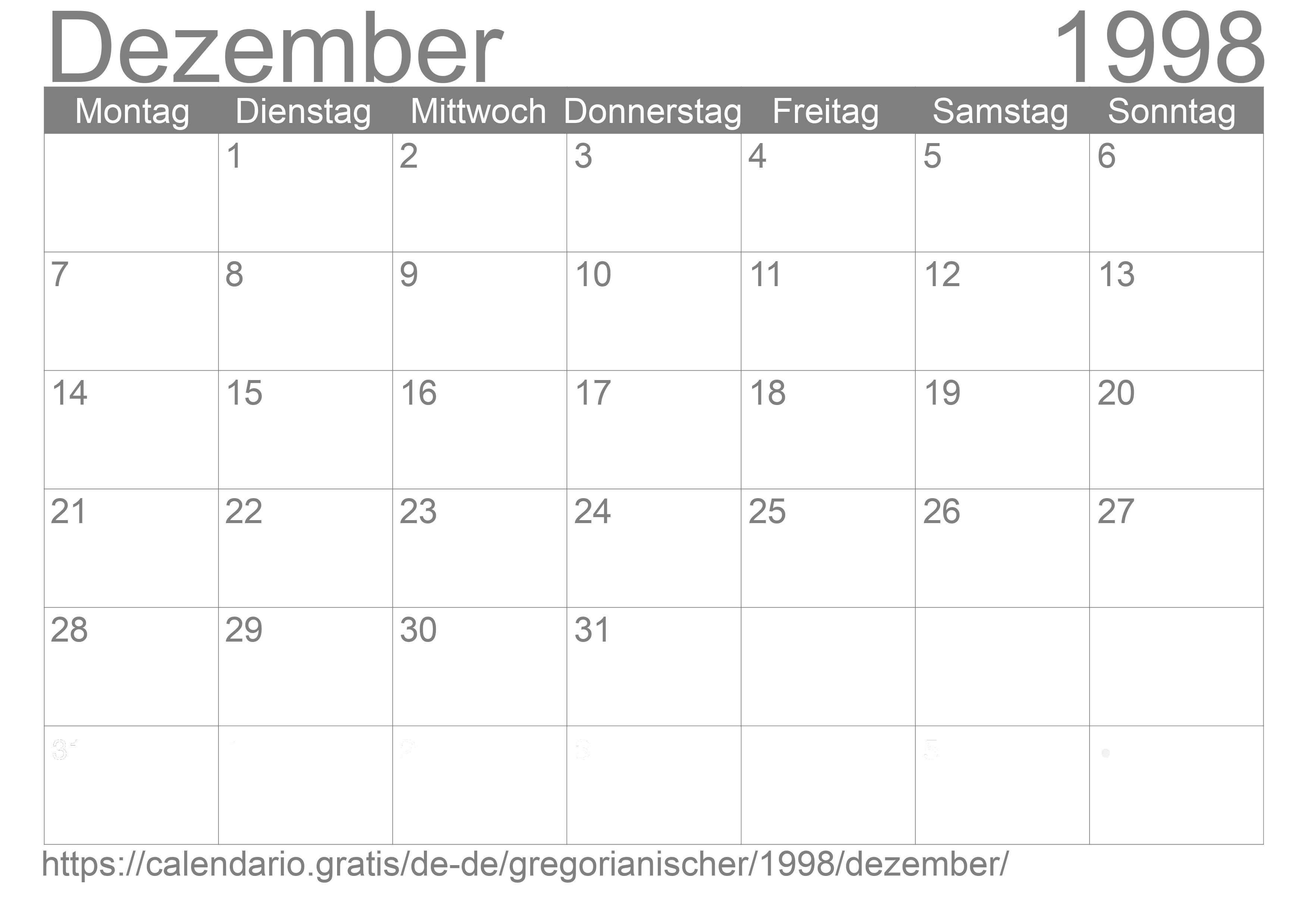 Kalender Dezember 1998 zum Ausdrucken