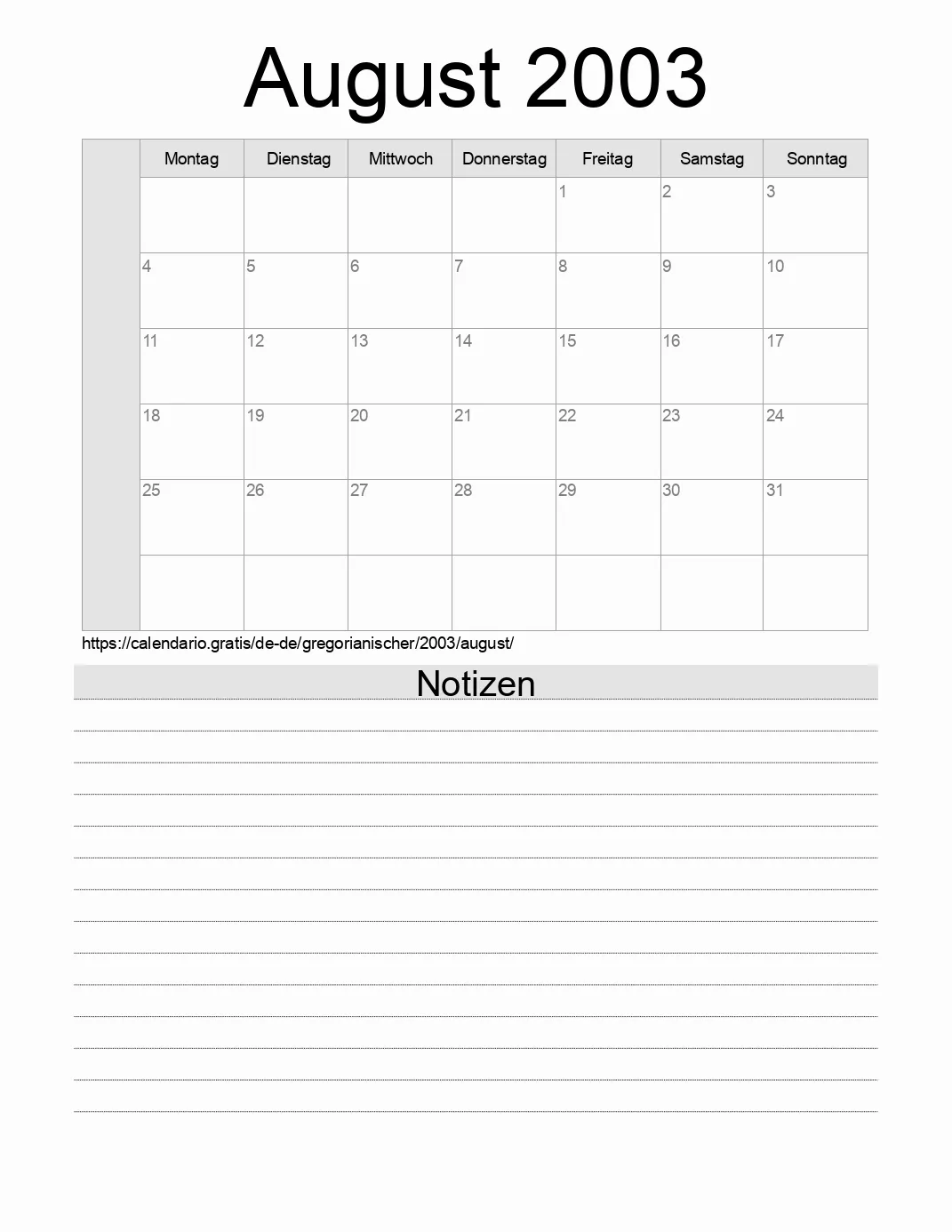 Kalender für August 2003 zum Drucken mit Notizen. (Deutschland)