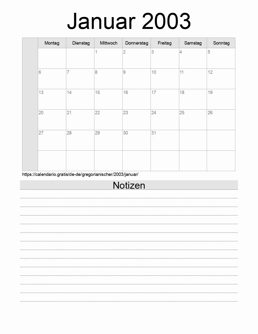 Kalender für Januar 2003 zum Drucken mit Notizen. (Deutschland)