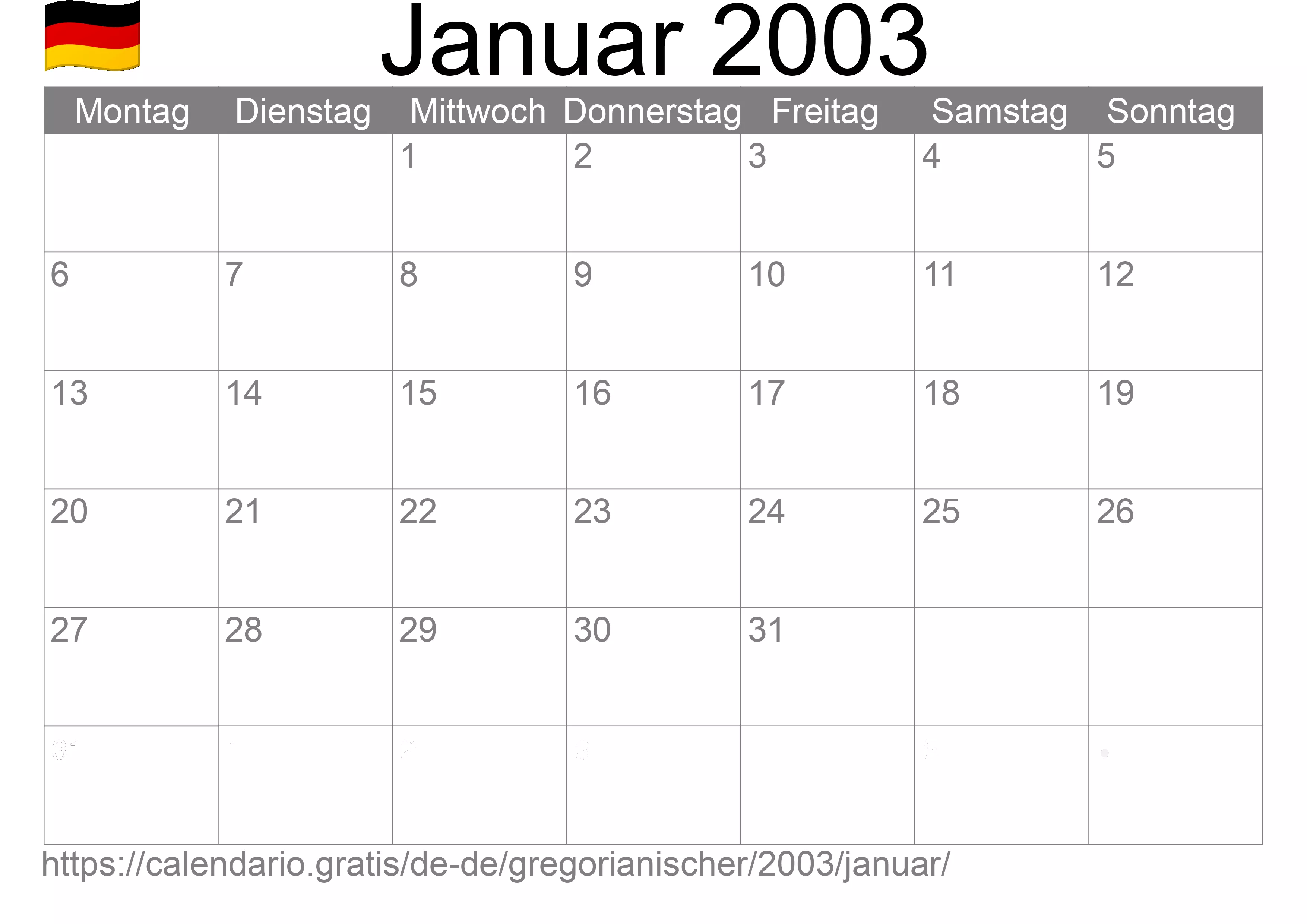 Kalender Januar 2003 zum Ausdrucken (Deutschland)