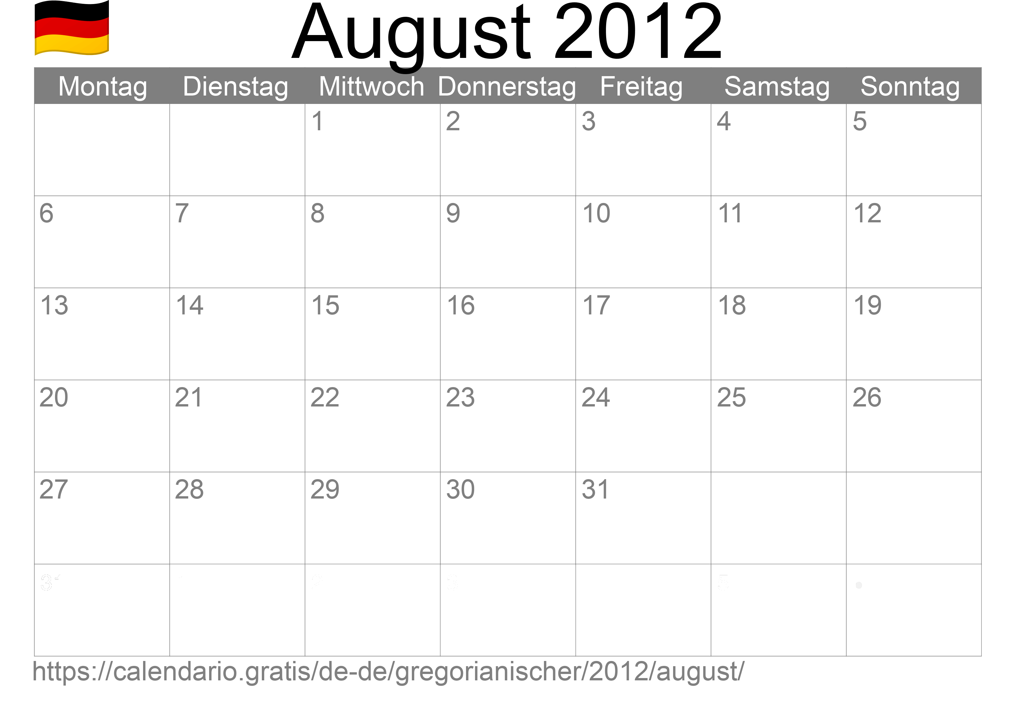 Kalender August 2012 zum Ausdrucken