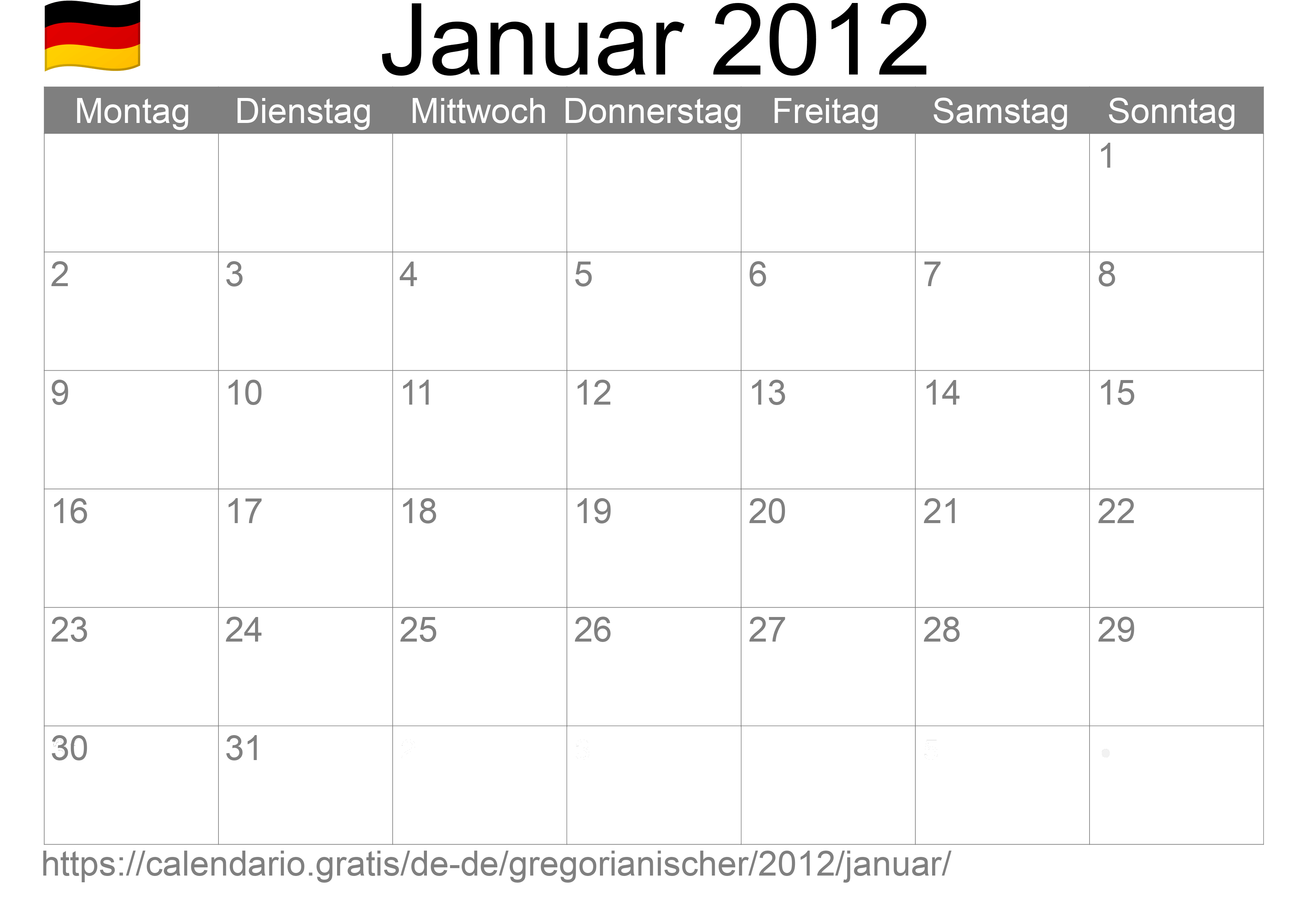 Kalender Januar 2012 zum Ausdrucken