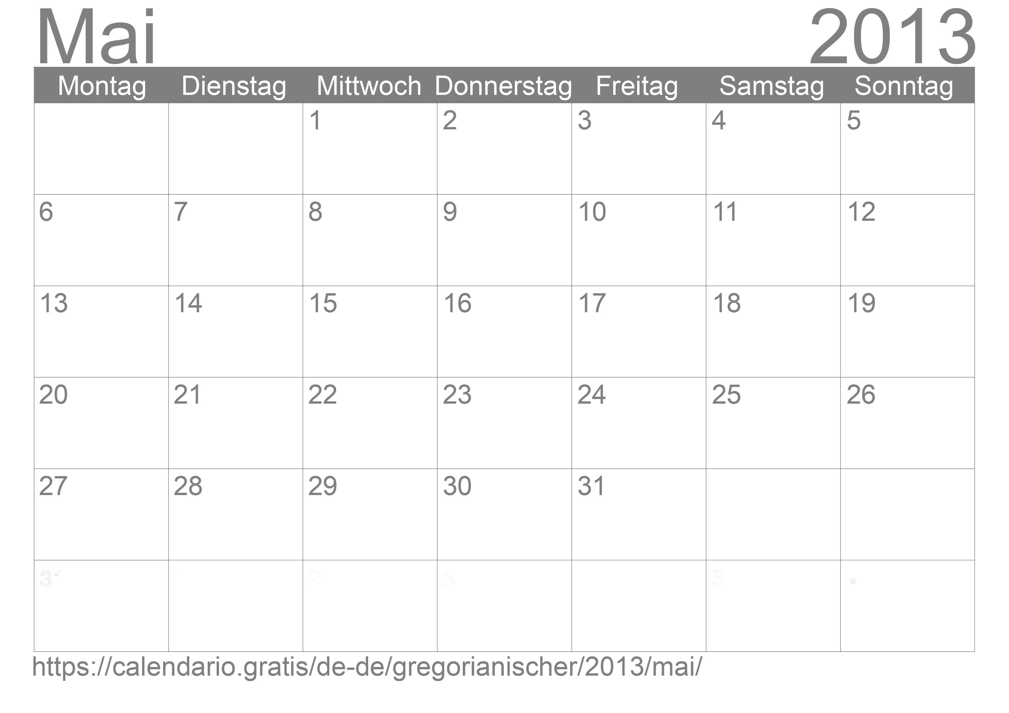 Kalender Mai 2013 zum Ausdrucken