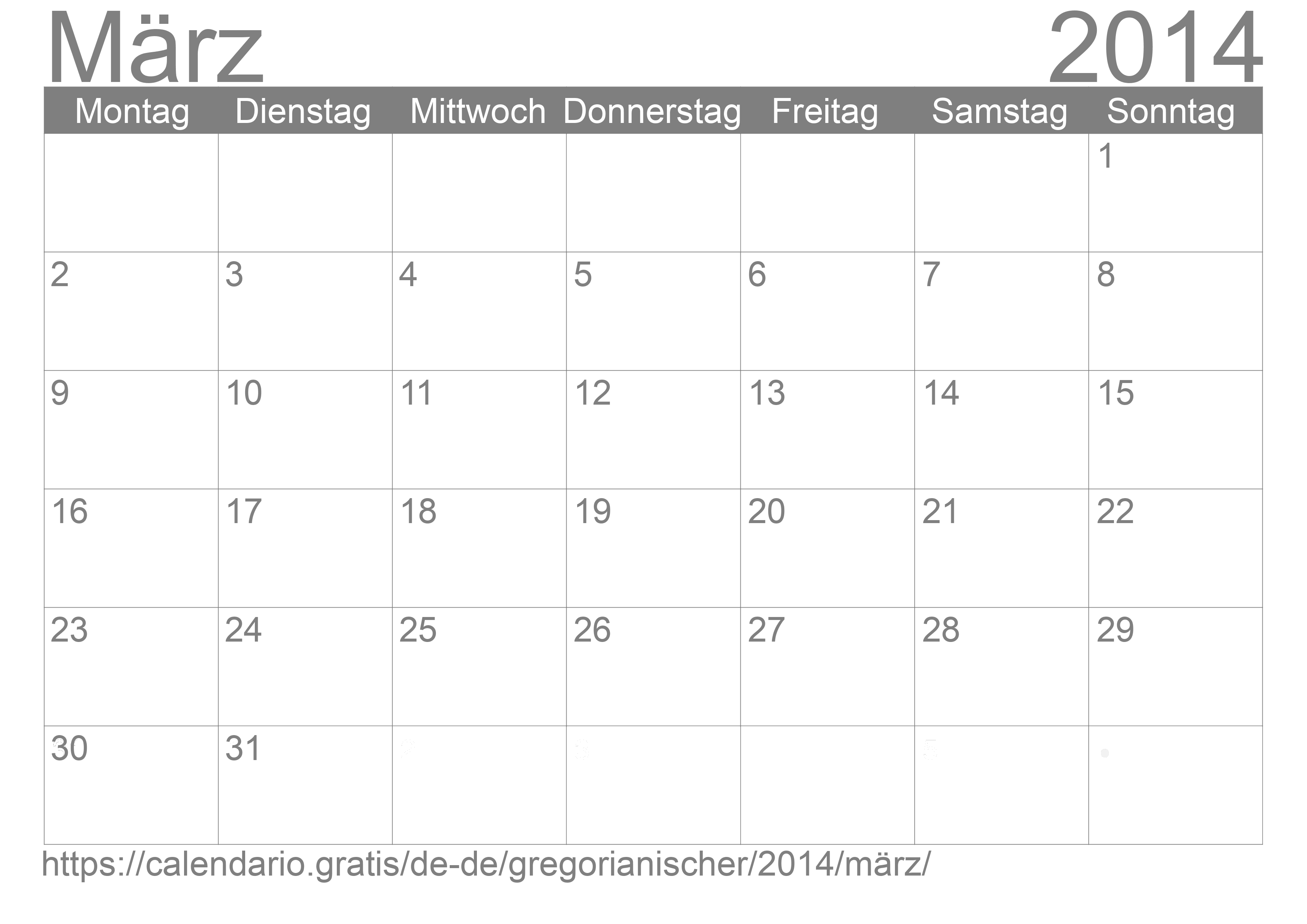 Kalender März 2014 zum Ausdrucken