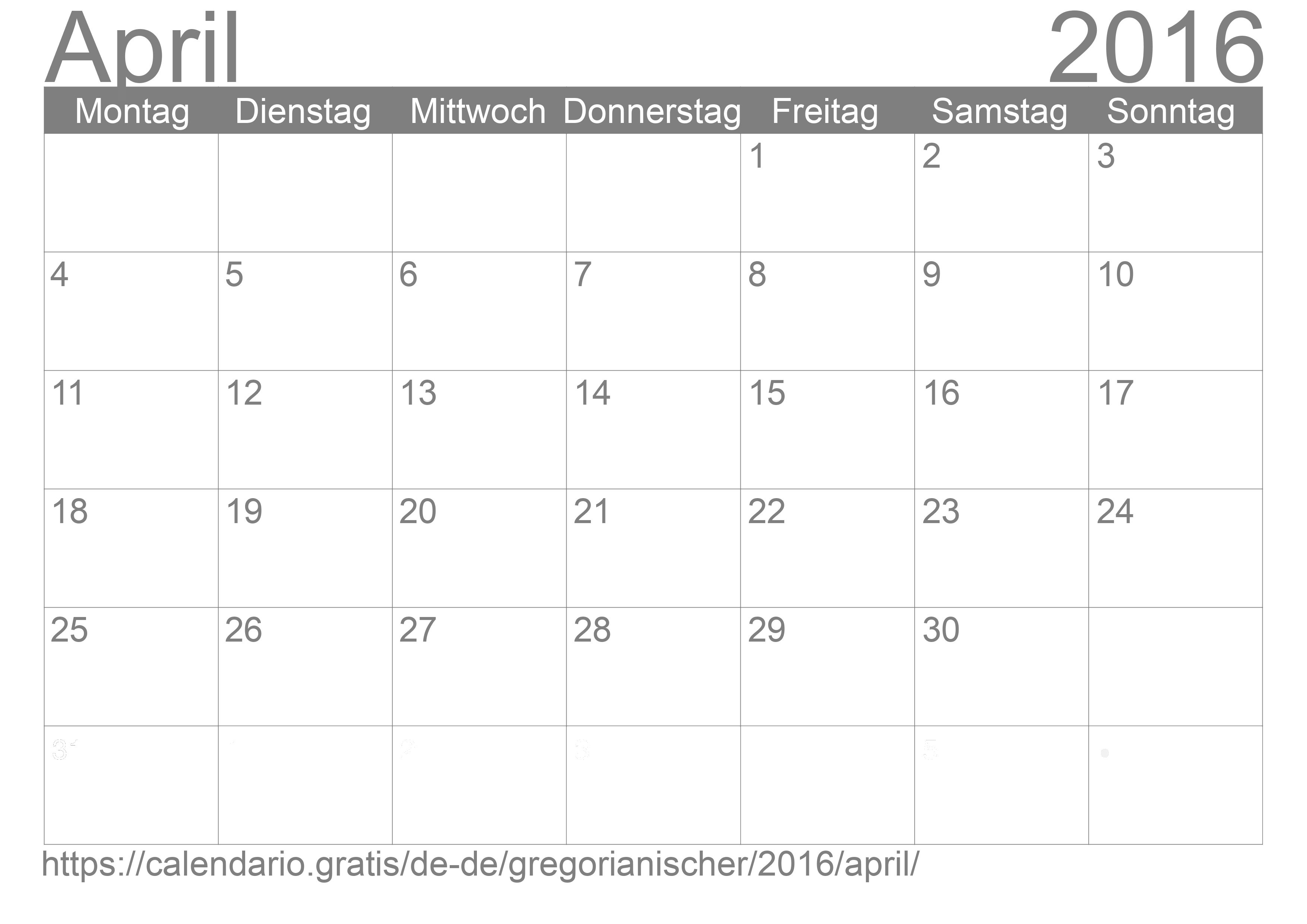 Kalender April 2016 zum Ausdrucken