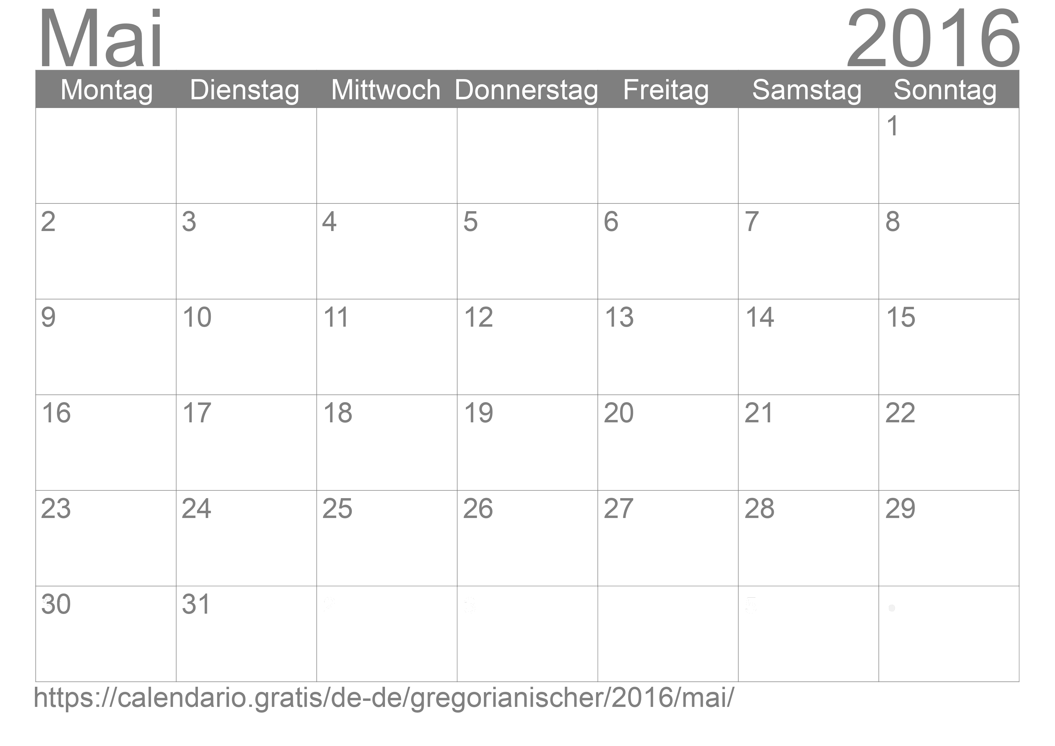 Kalender Mai 2016 zum Ausdrucken