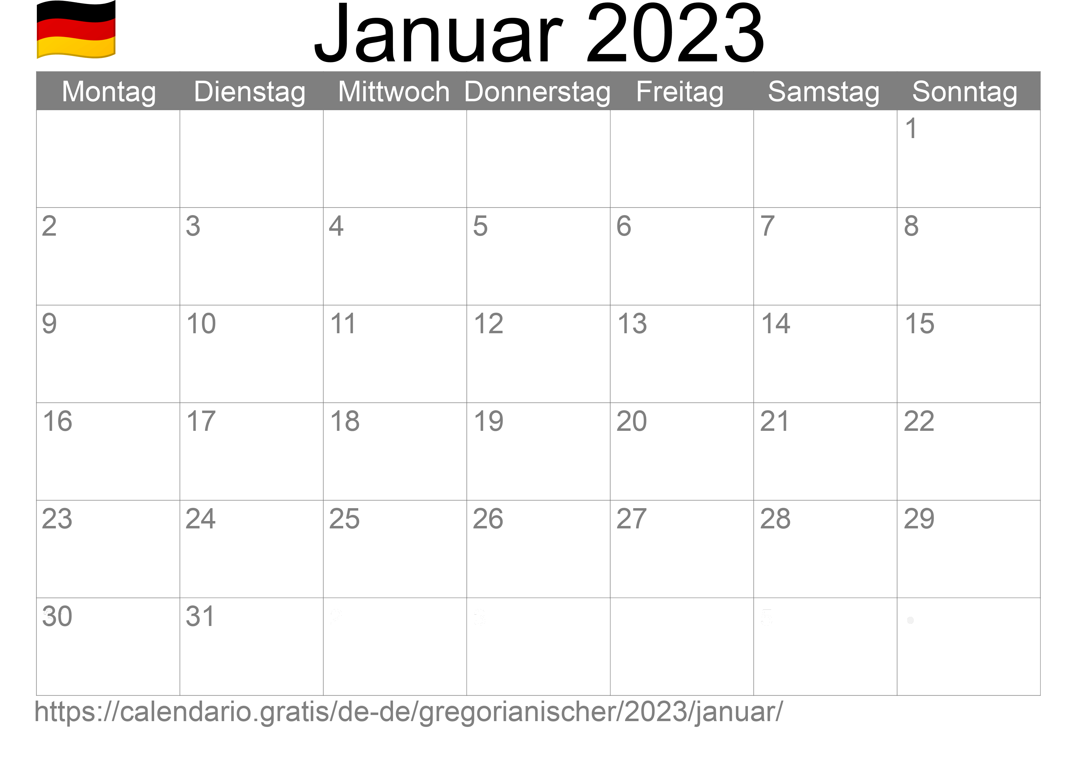 Kalender Januar 2023 zum Ausdrucken