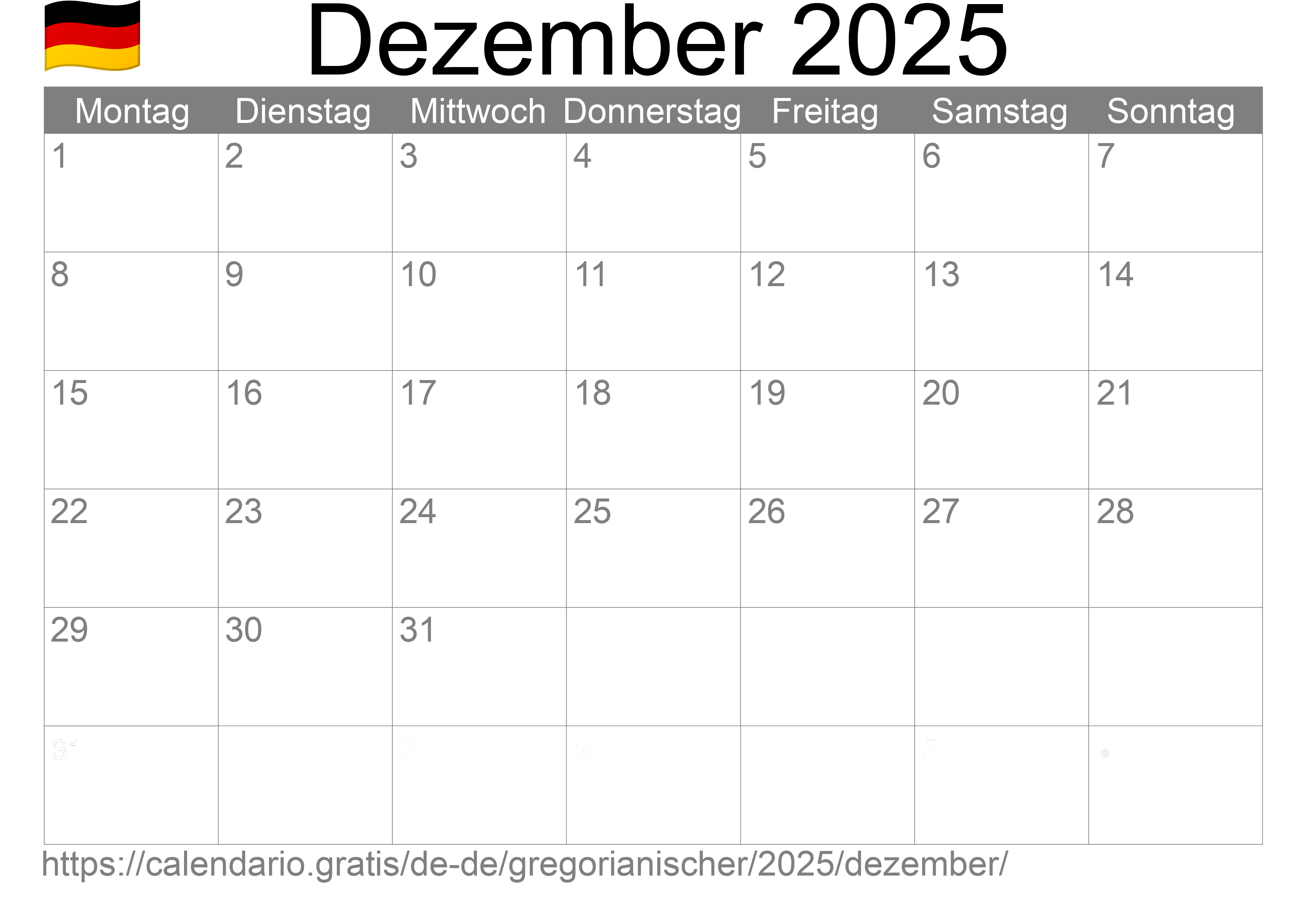 Kalender Dezember 2025 zum Ausdrucken