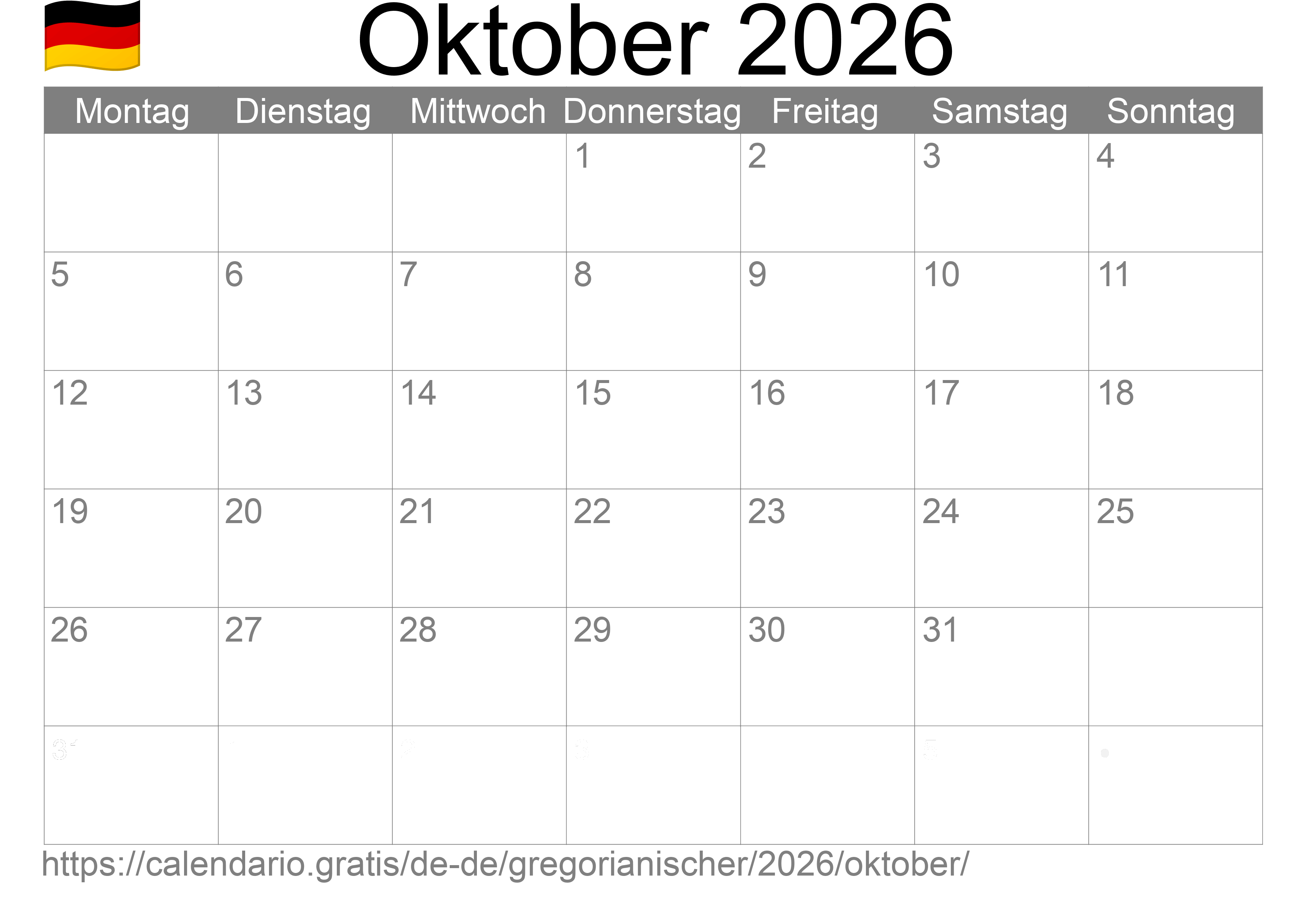 Kalender Oktober 2026 zum Ausdrucken