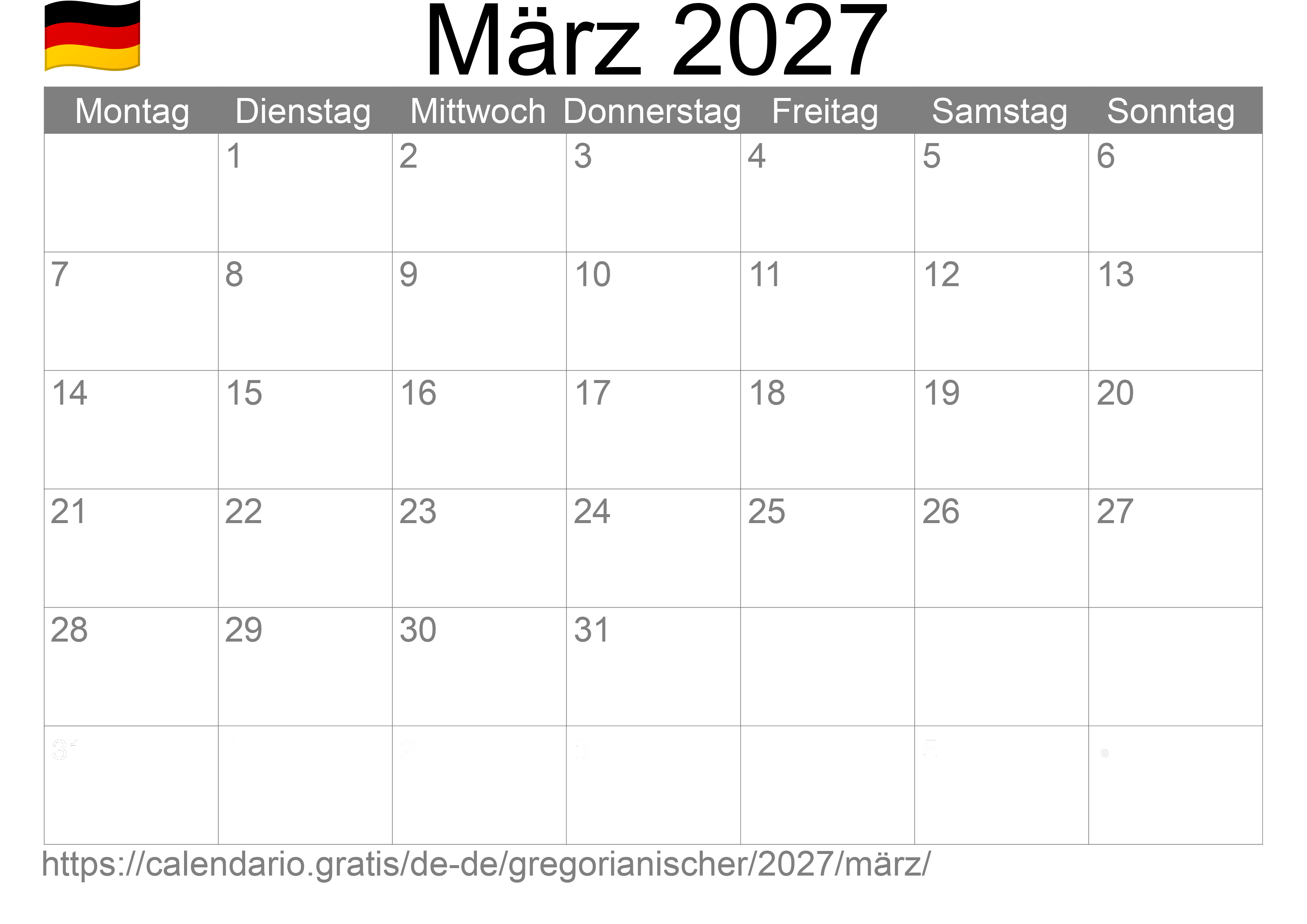 Kalender März 2027 zum Ausdrucken