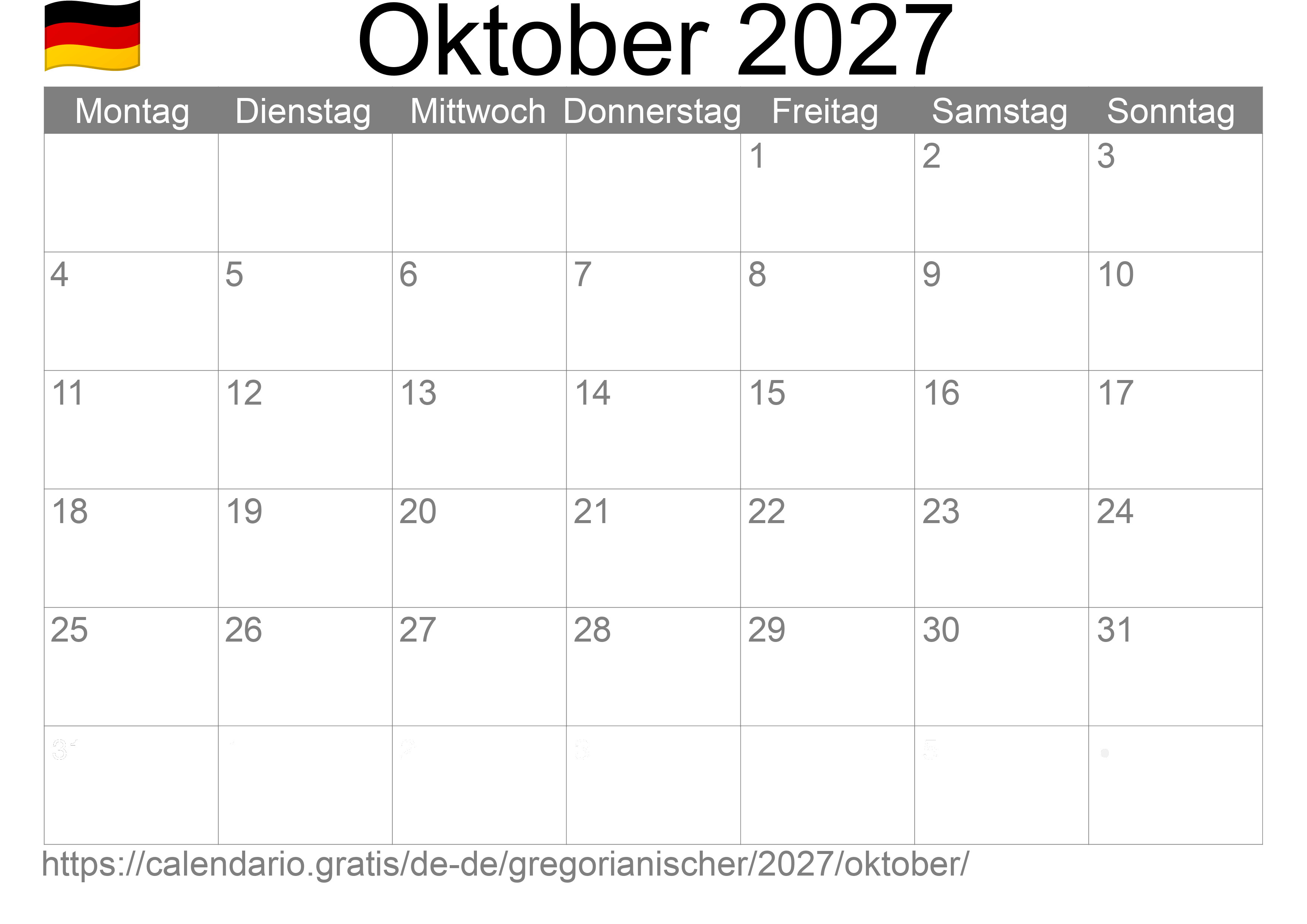 Kalender Oktober 2027 zum Ausdrucken