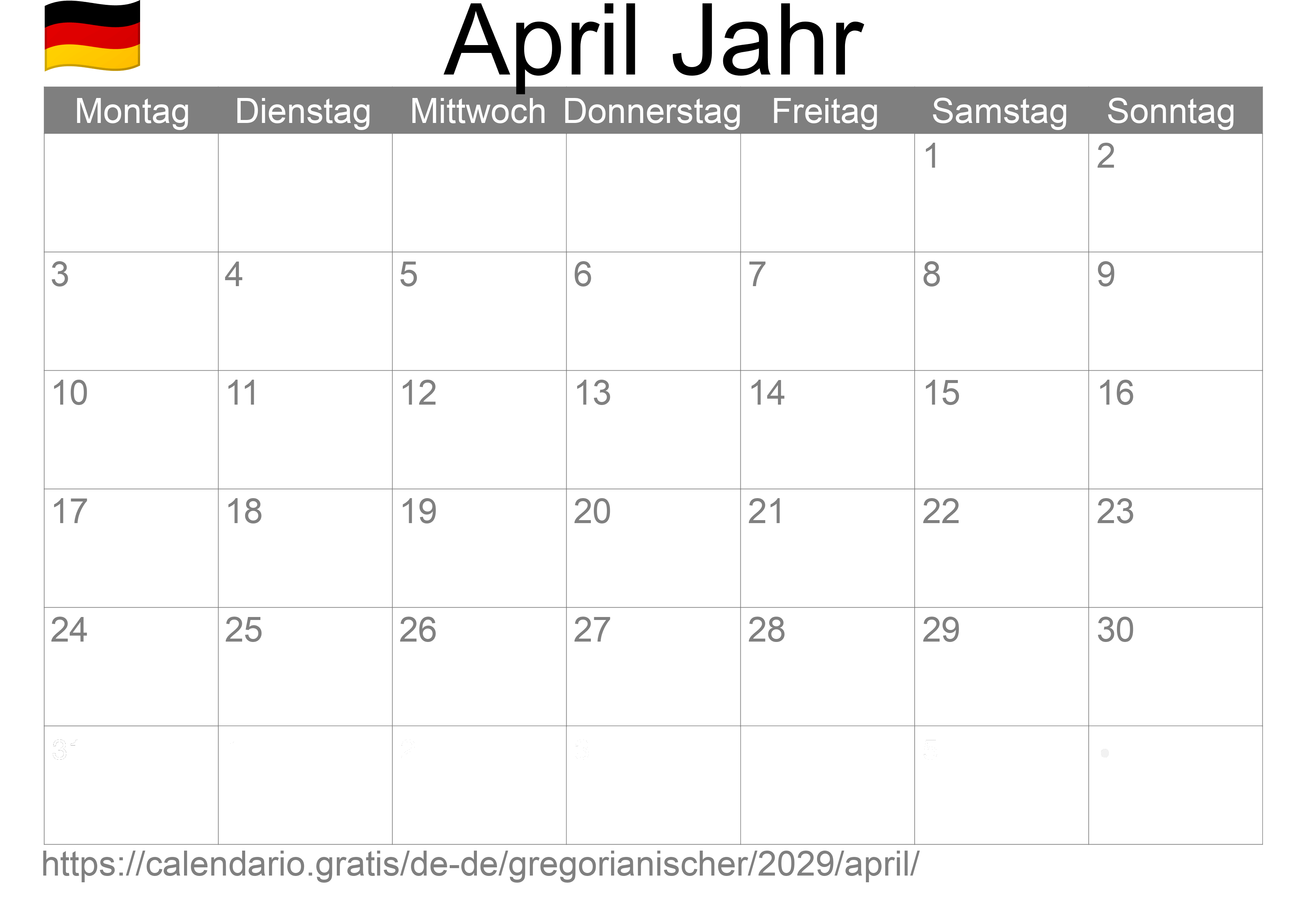 Kalender April 2029 zum Ausdrucken