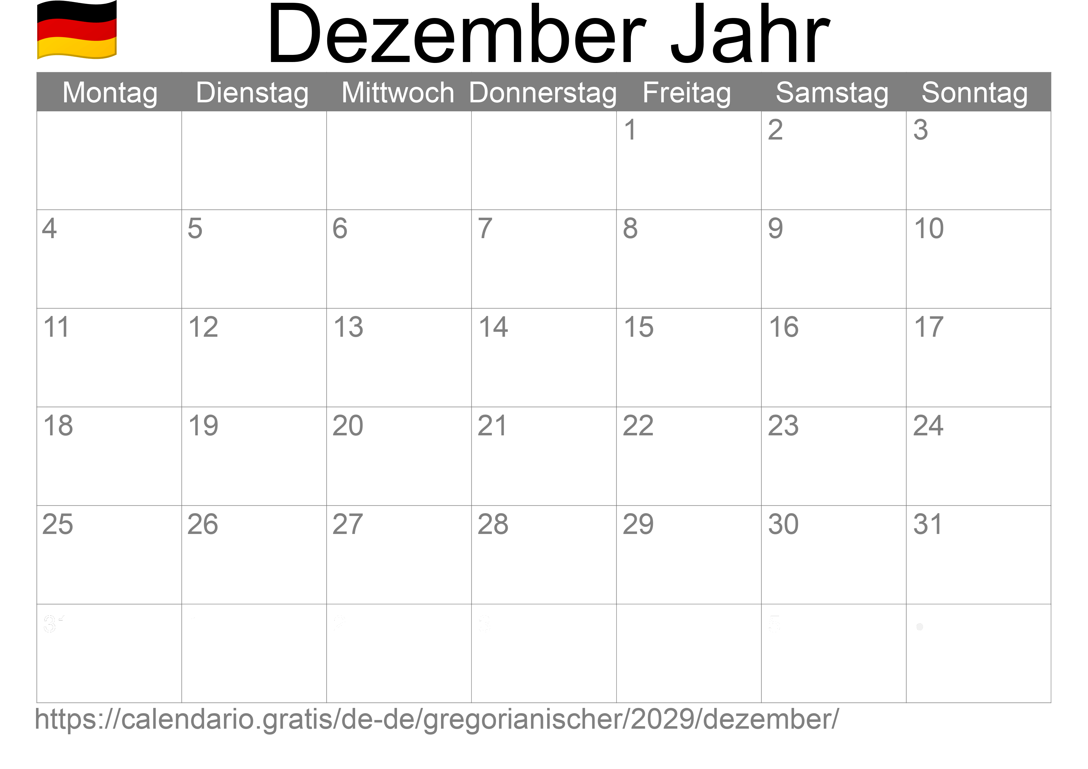 Kalender Dezember 2029 zum Ausdrucken