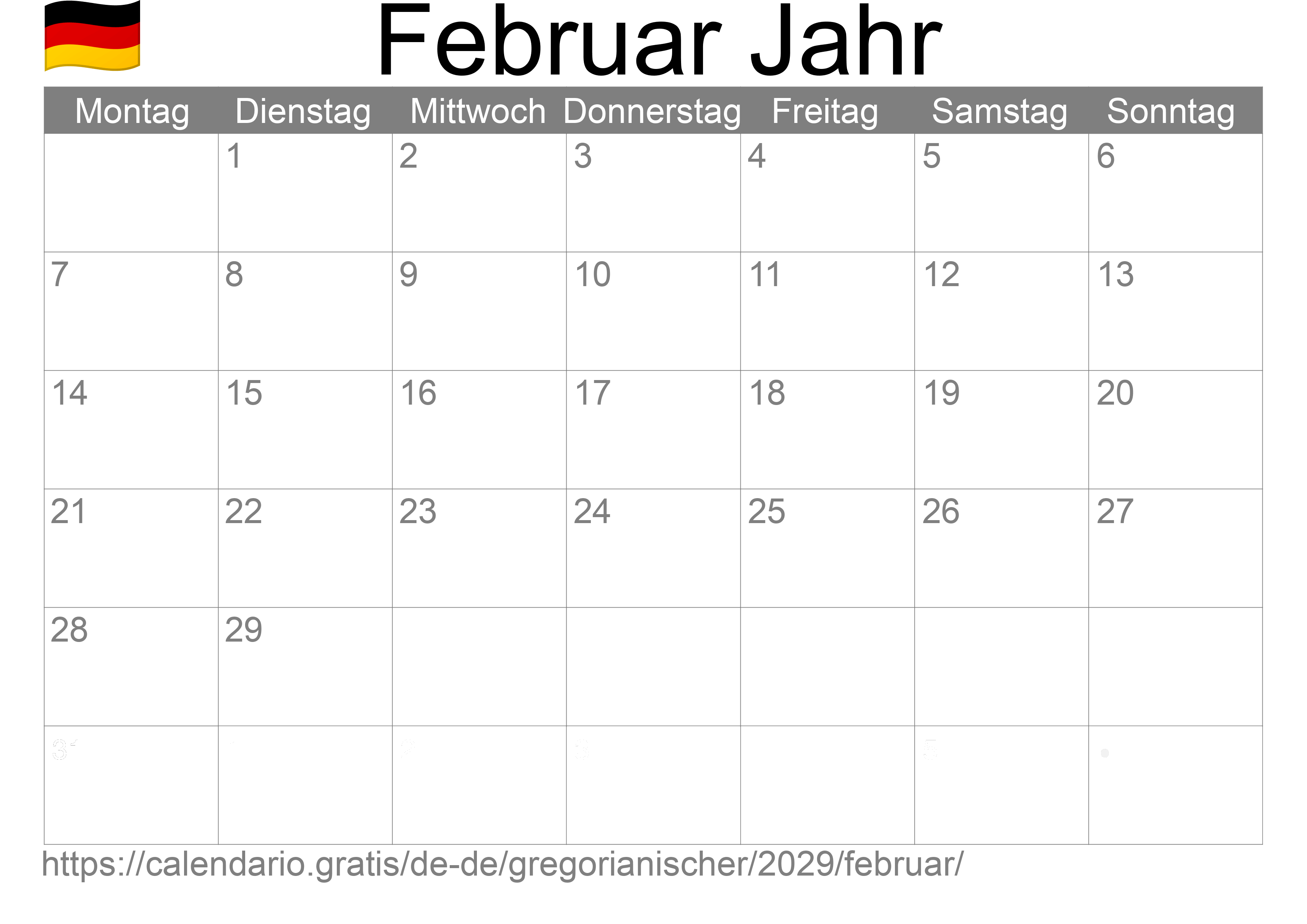 Kalender Februar 2029 zum Ausdrucken