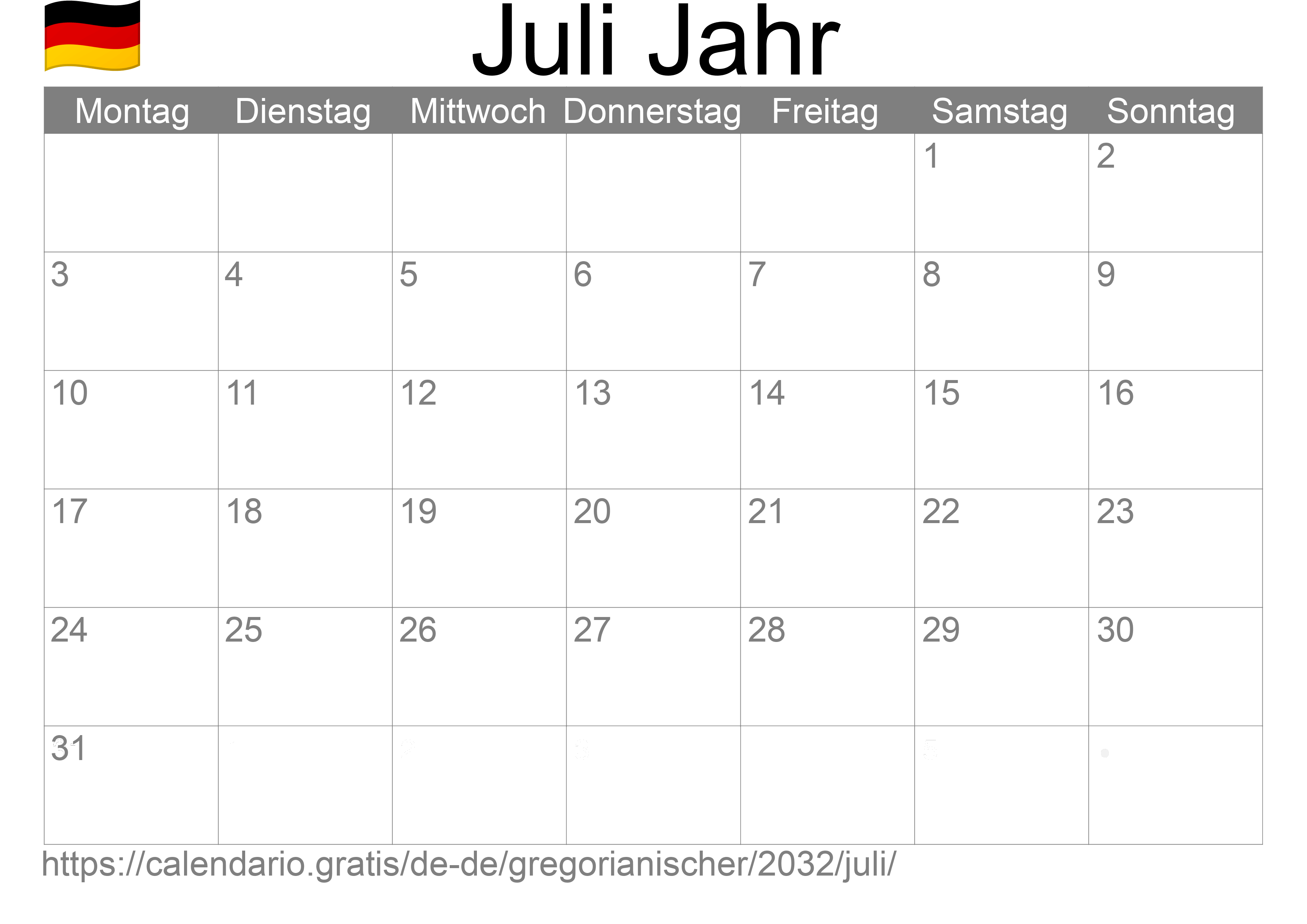 Kalender Juli 2032 zum Ausdrucken