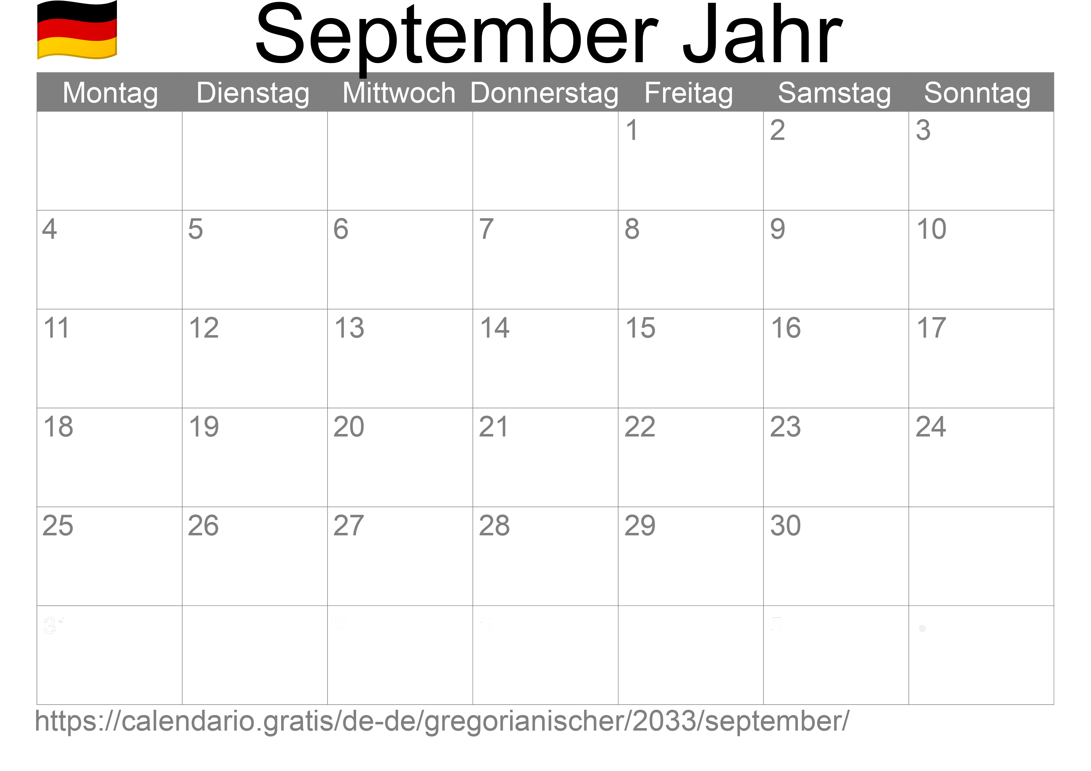 Kalender September 2033 zum Ausdrucken