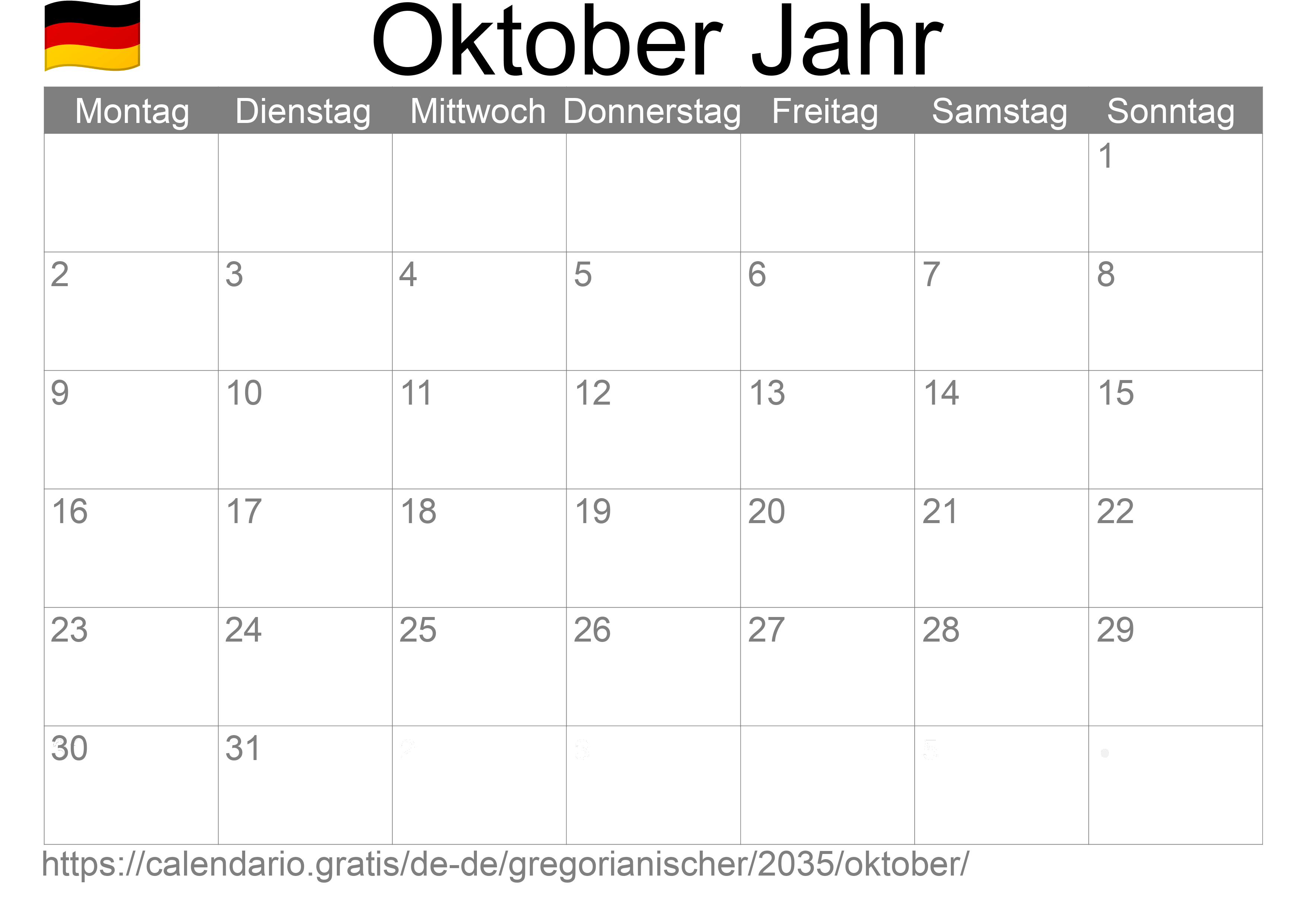 Kalender Oktober 2035 zum Ausdrucken