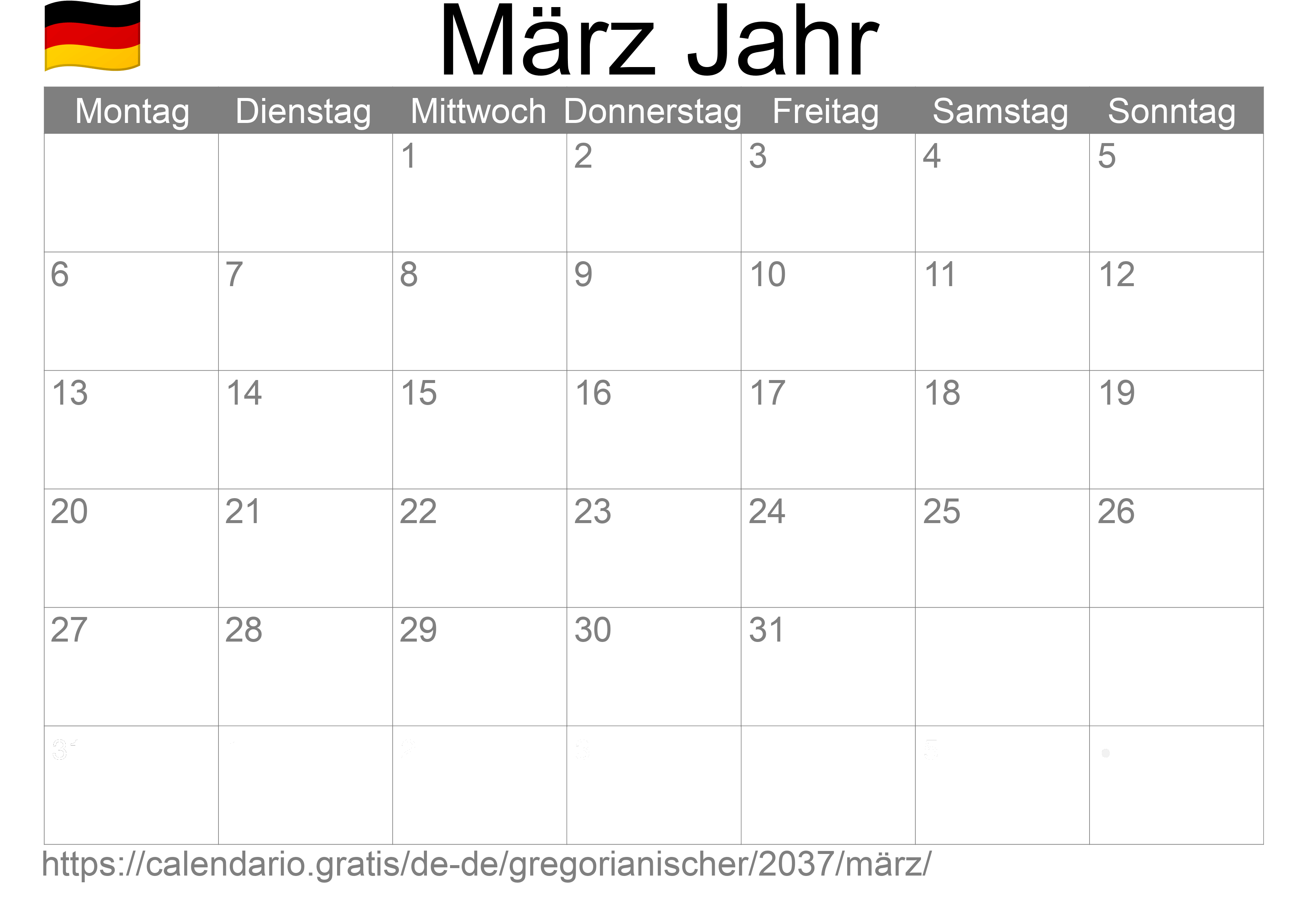 Kalender März 2037 zum Ausdrucken