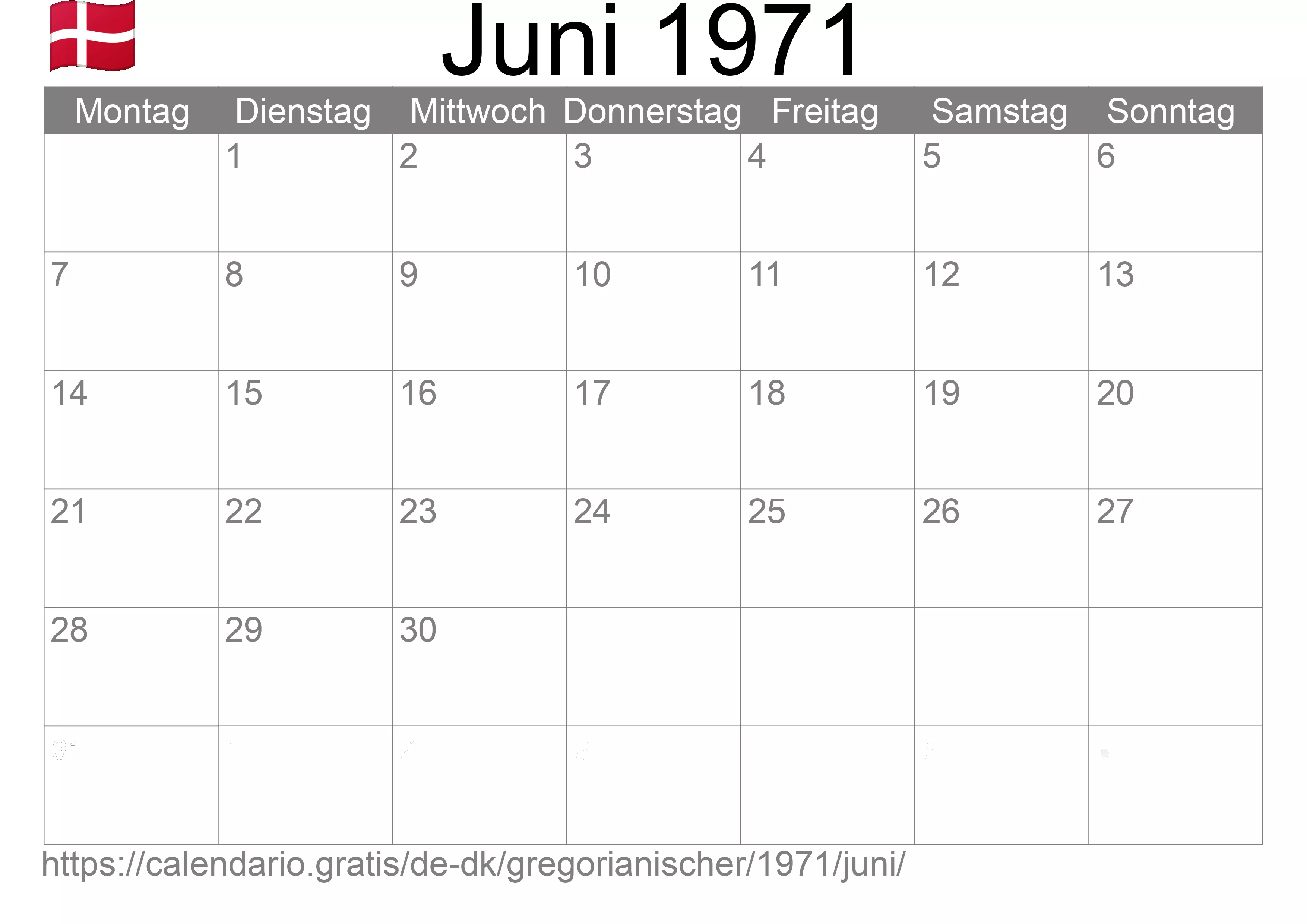 Kalender Juni 1971 zum Ausdrucken (Dänemark)