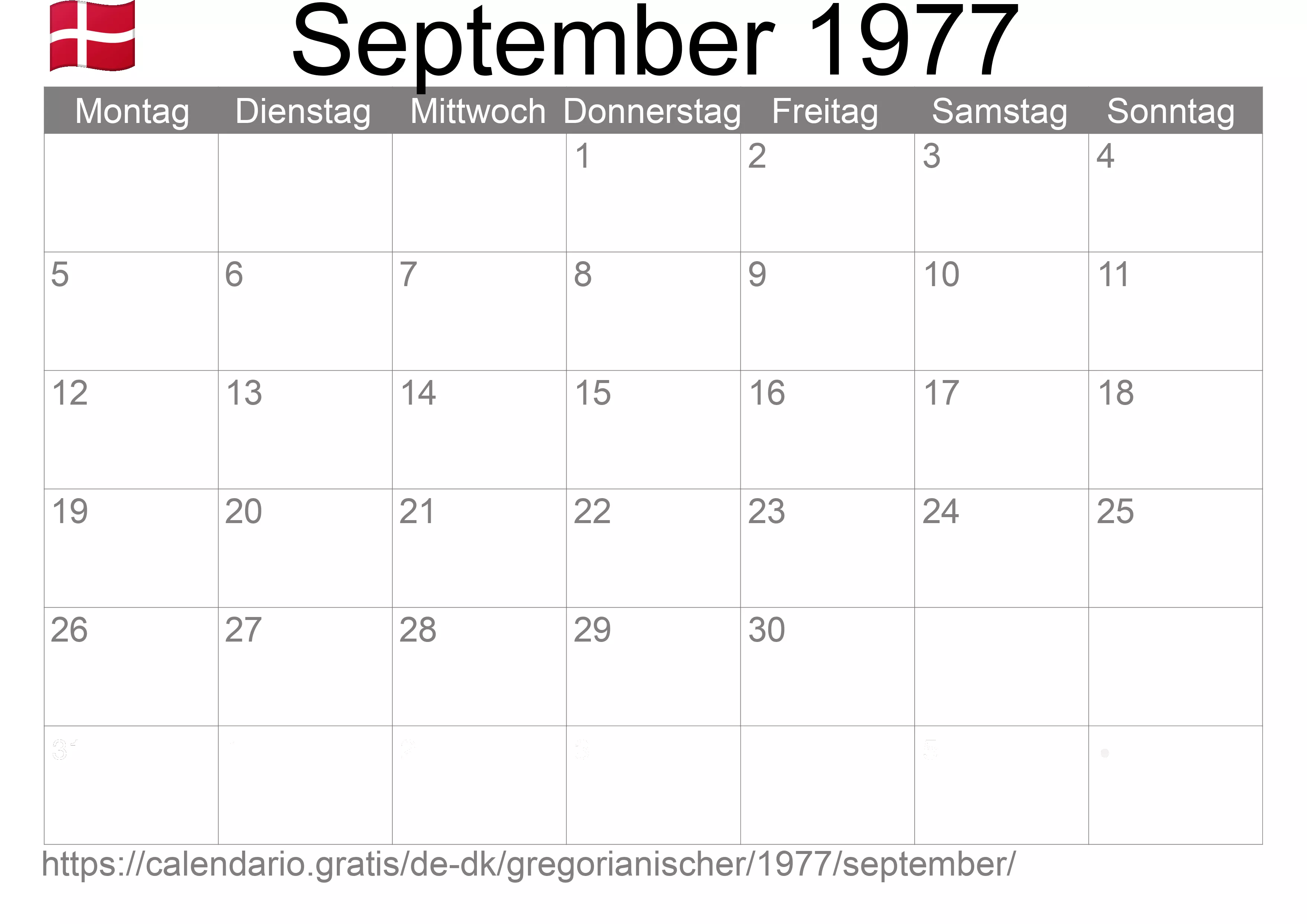 Kalender September 1977 zum Ausdrucken (Dänemark)