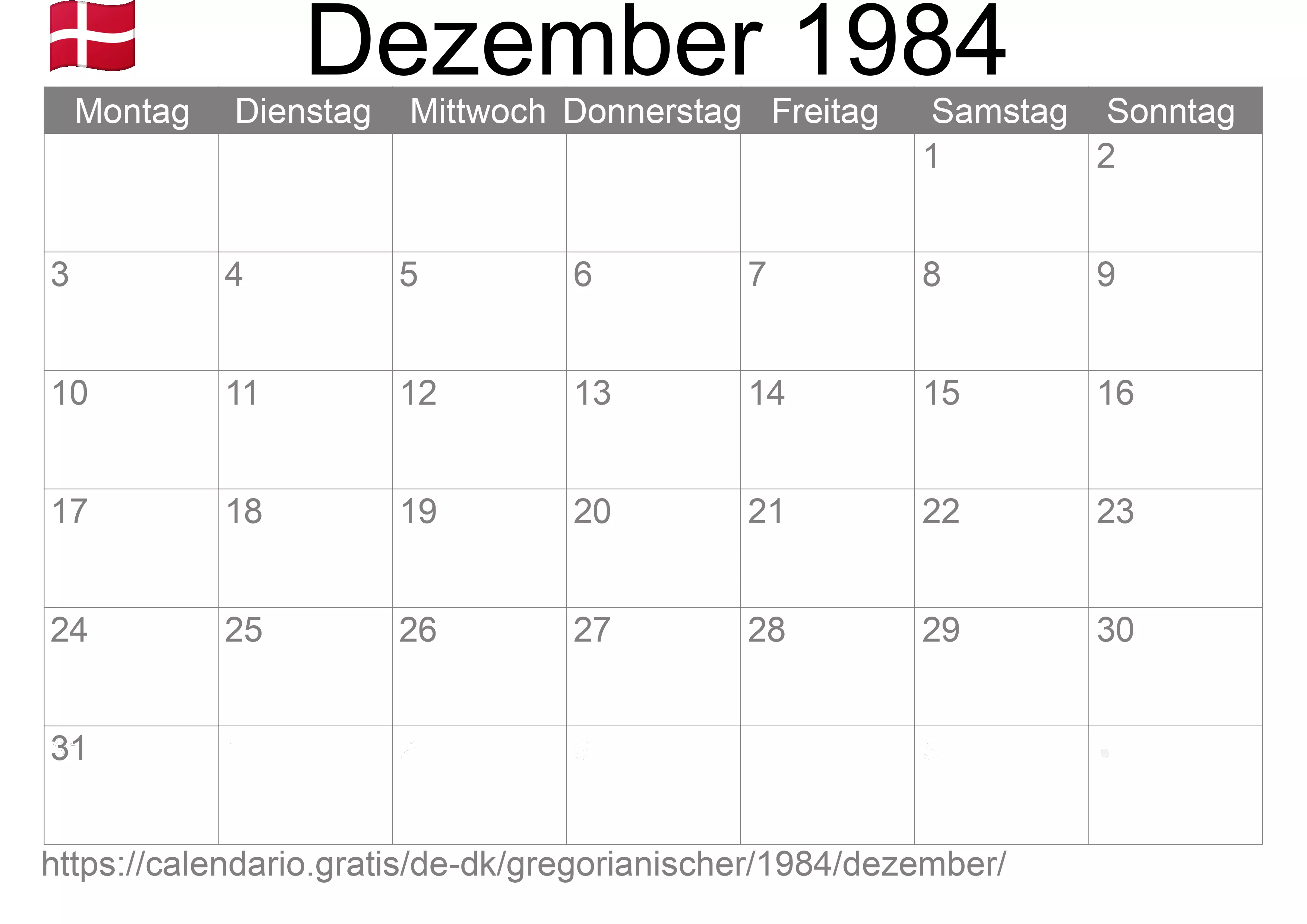 Kalender Dezember 1984 zum Ausdrucken (Dänemark)