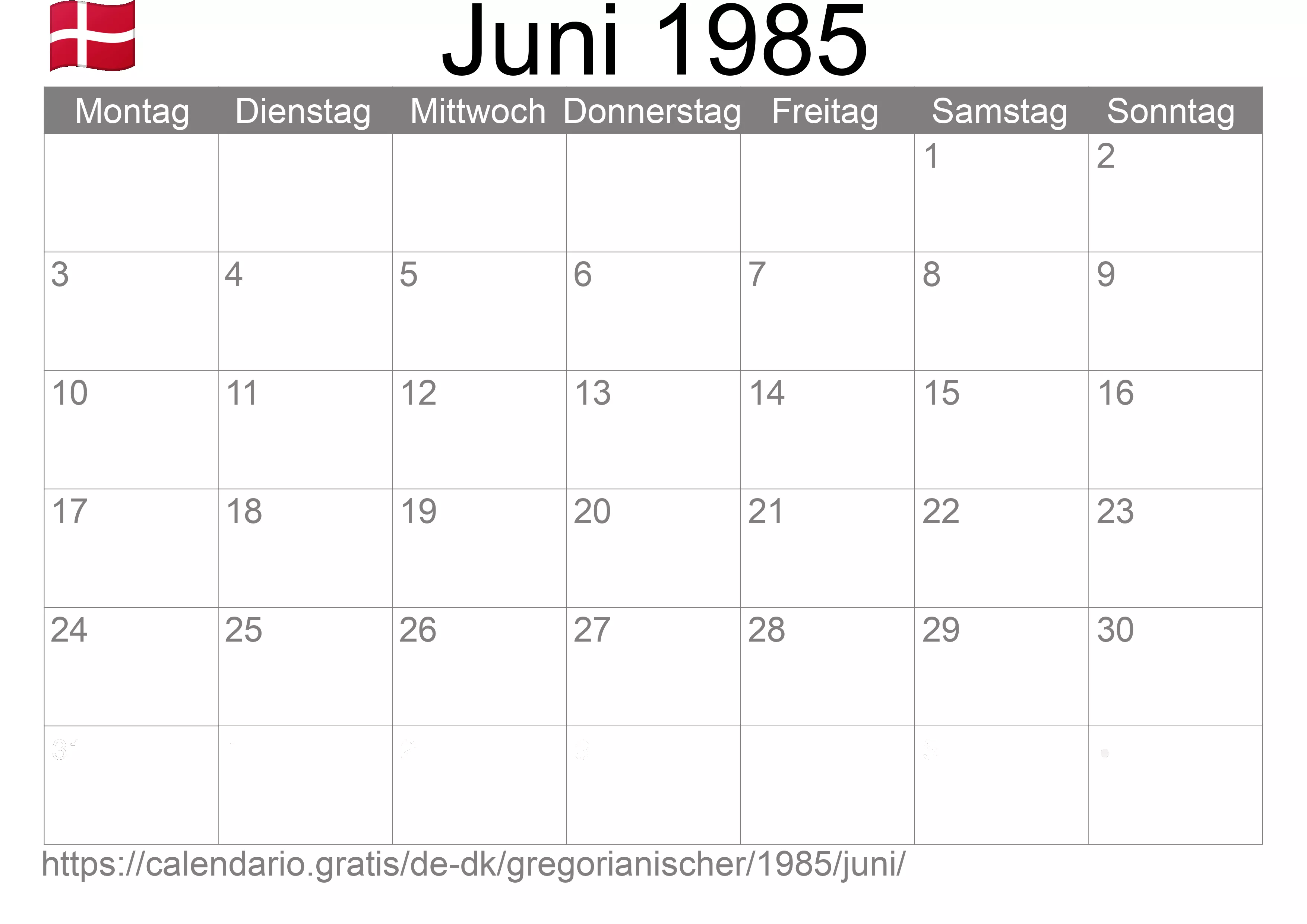 Kalender Juni 1985 zum Ausdrucken (Dänemark)