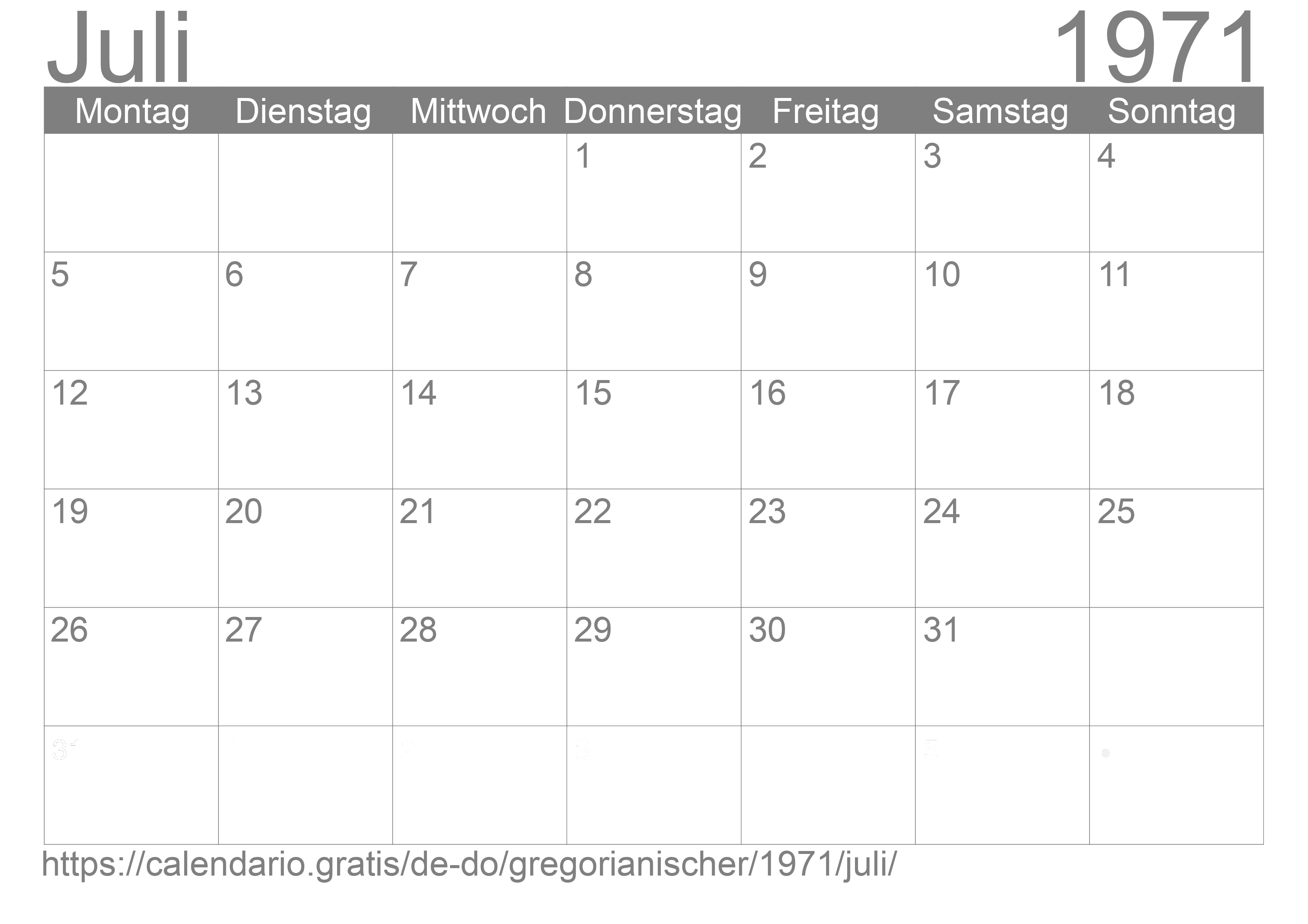 Kalender Juli 1971 zum Ausdrucken